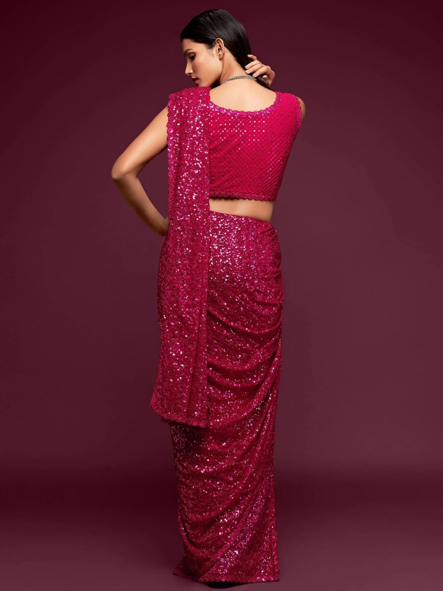Trendy Hot Pink Sequin Saree for Party & Farewell