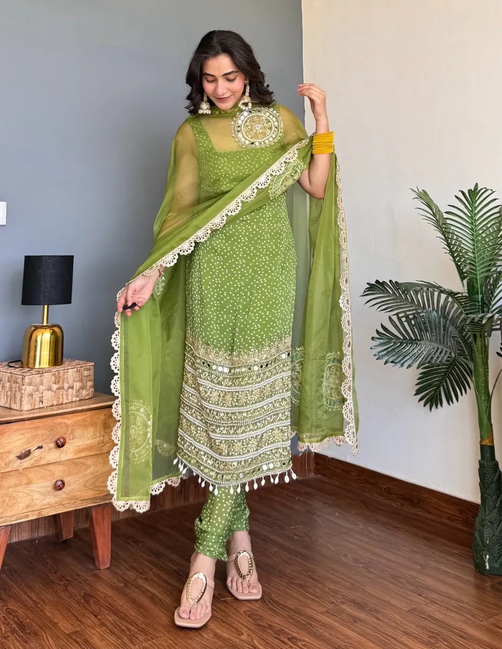 Designer Olive Green Georgette Embroidered Sequins & Moti Work Salwar suit for Women