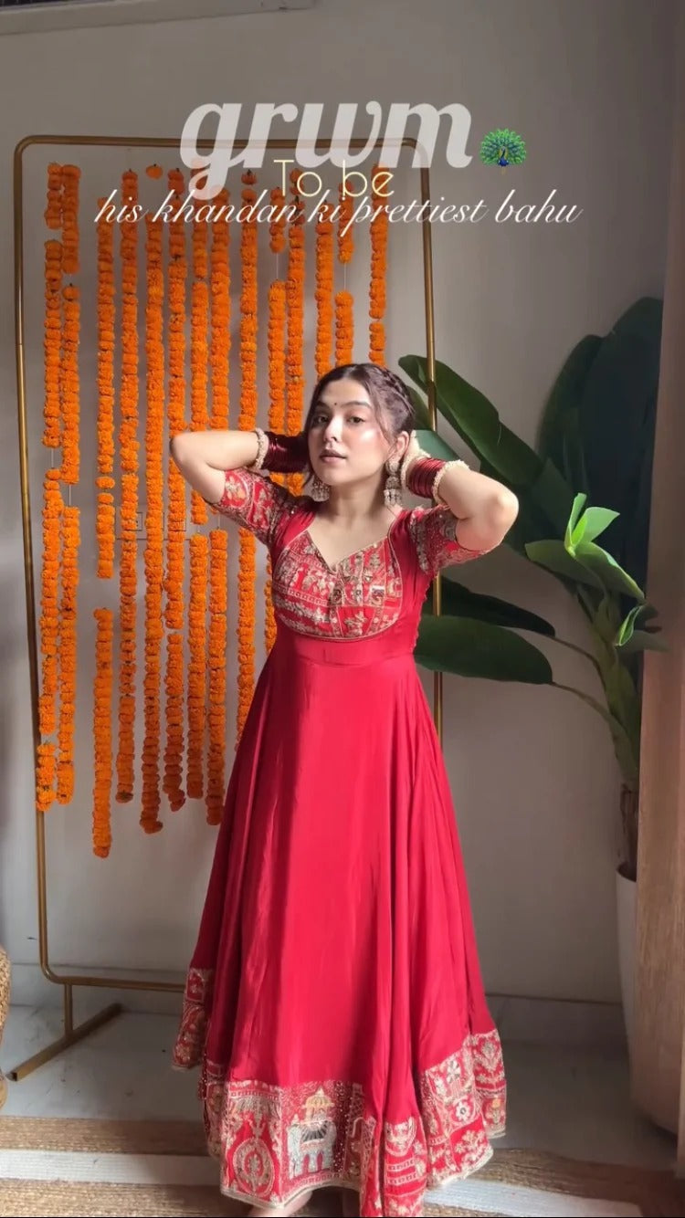 Designer Red Anarkali Set for Farewell & Sangeet - 52 Inch Floor Length Suit