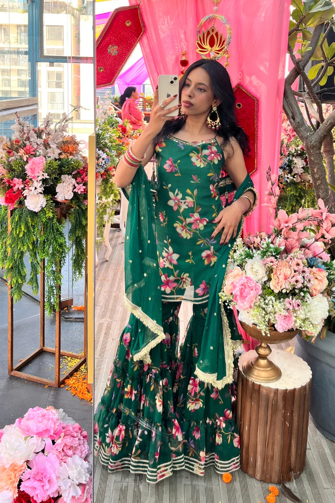 Trendy Floral Hand Printed Green Sharara Set with Dupatta