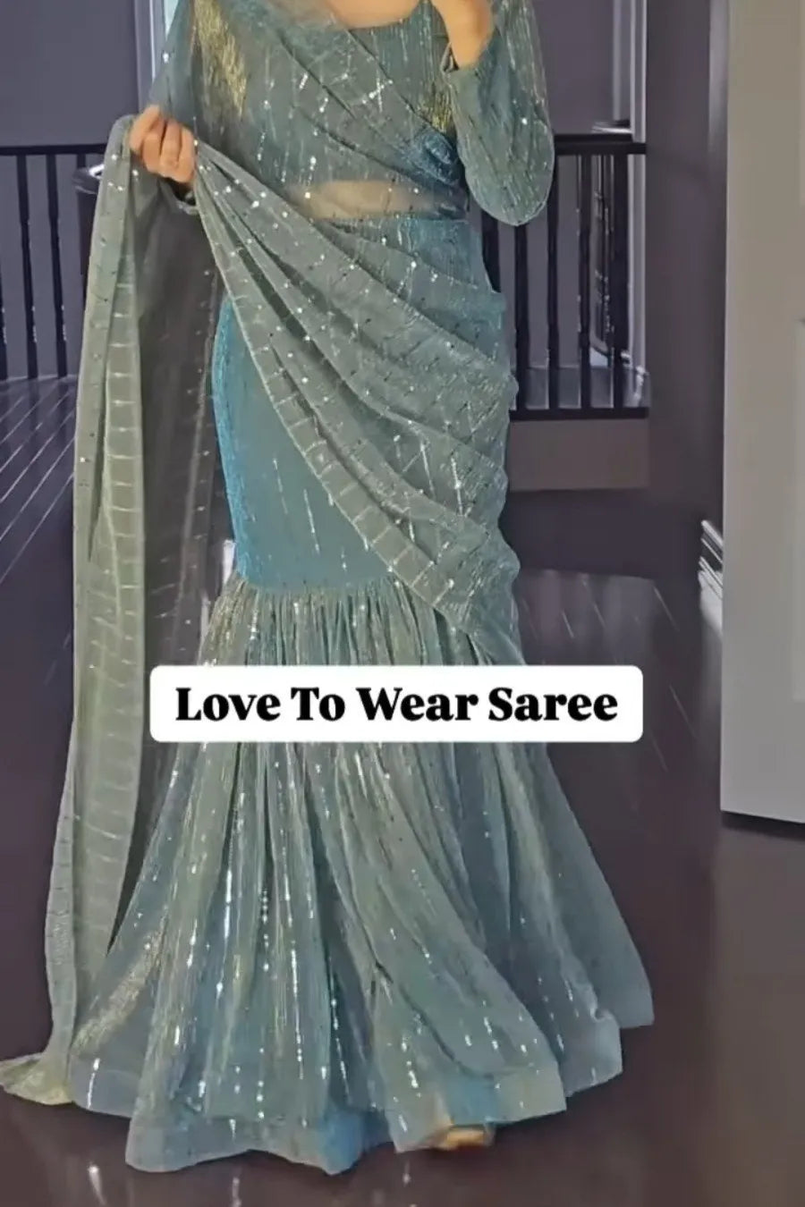 Party Wear Ready To Wear Soft Green & Silver Fish Cut Lehenga Saree