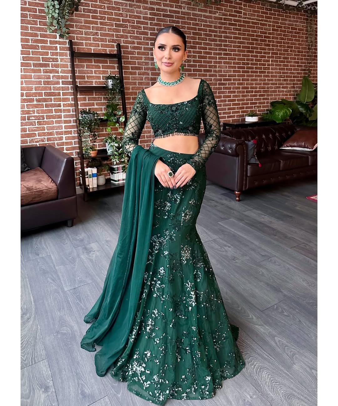 Party Wear 90s Retro Bollywood Style Fish Cut Green Sequin Net Lehenga Choli For Women