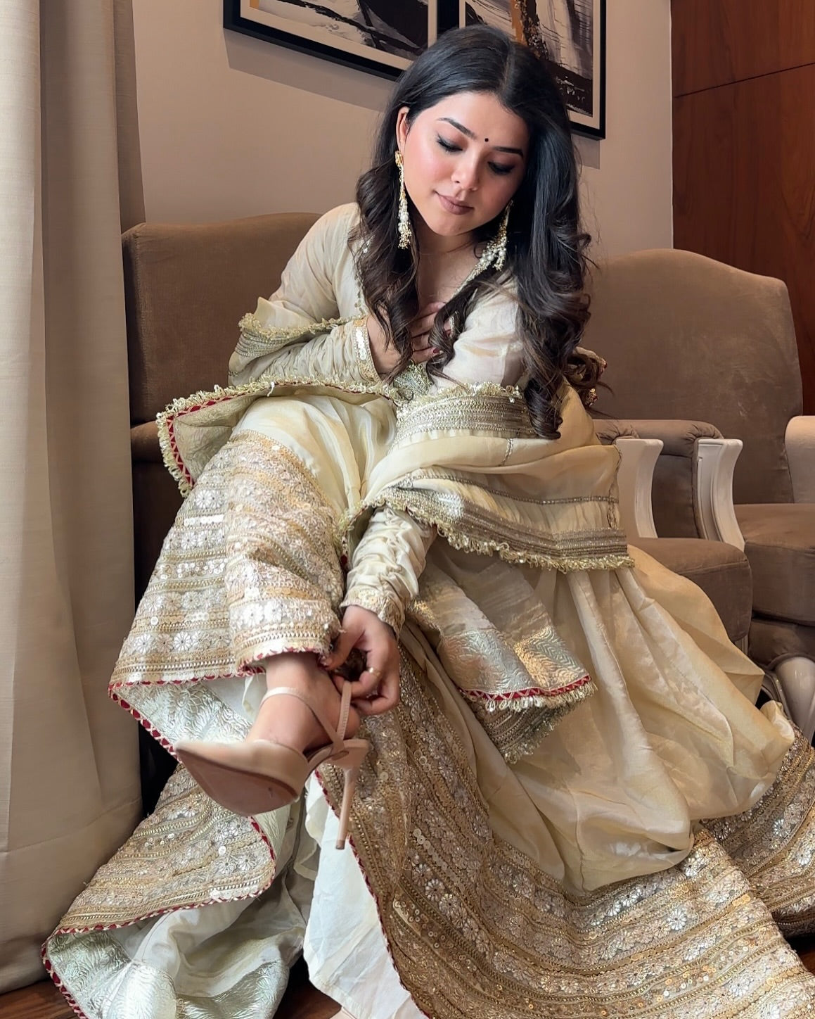 Elegant White Chinon Embroidered Work Anarkali Set
