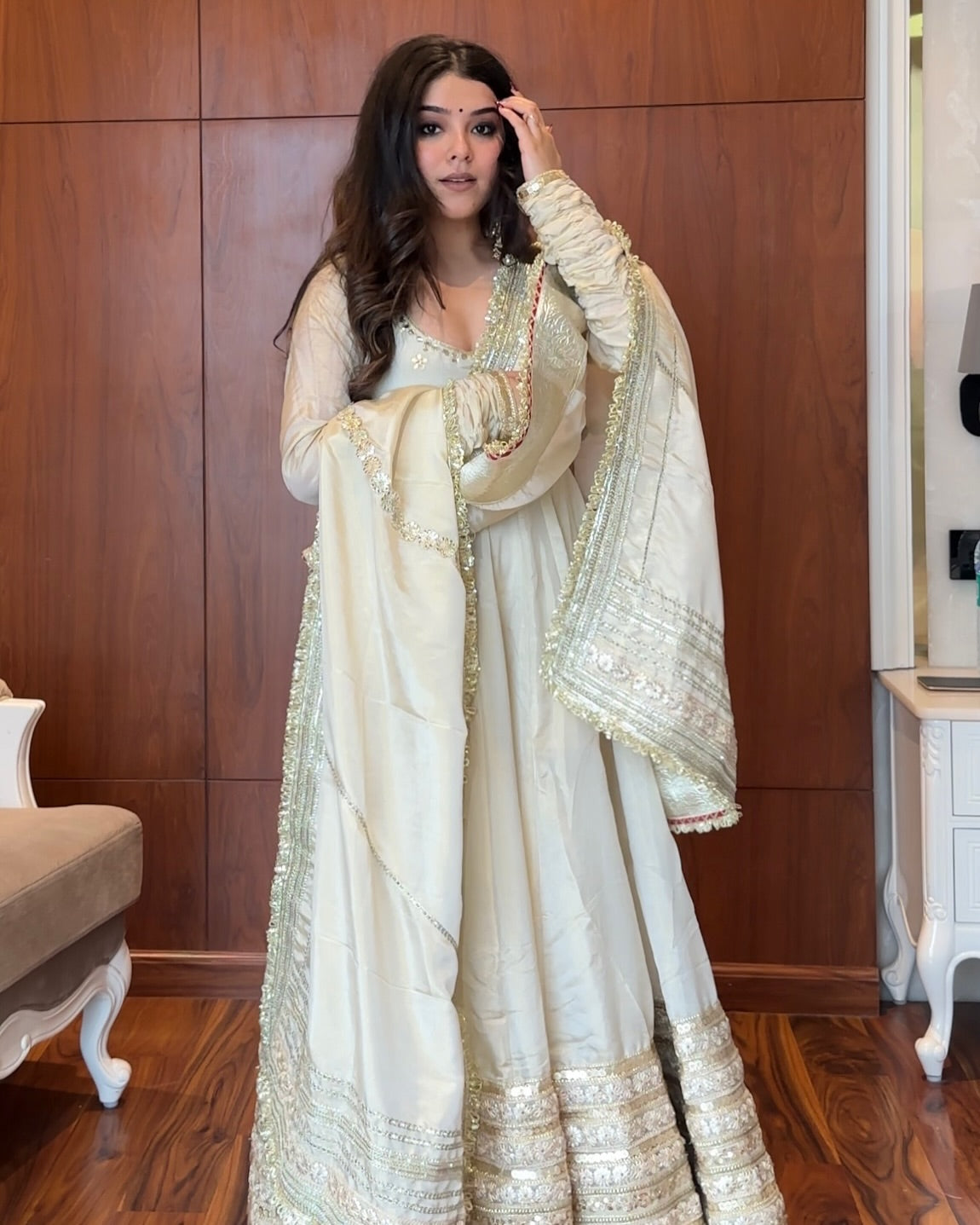 Elegant White Chinon Embroidered Work Anarkali Set