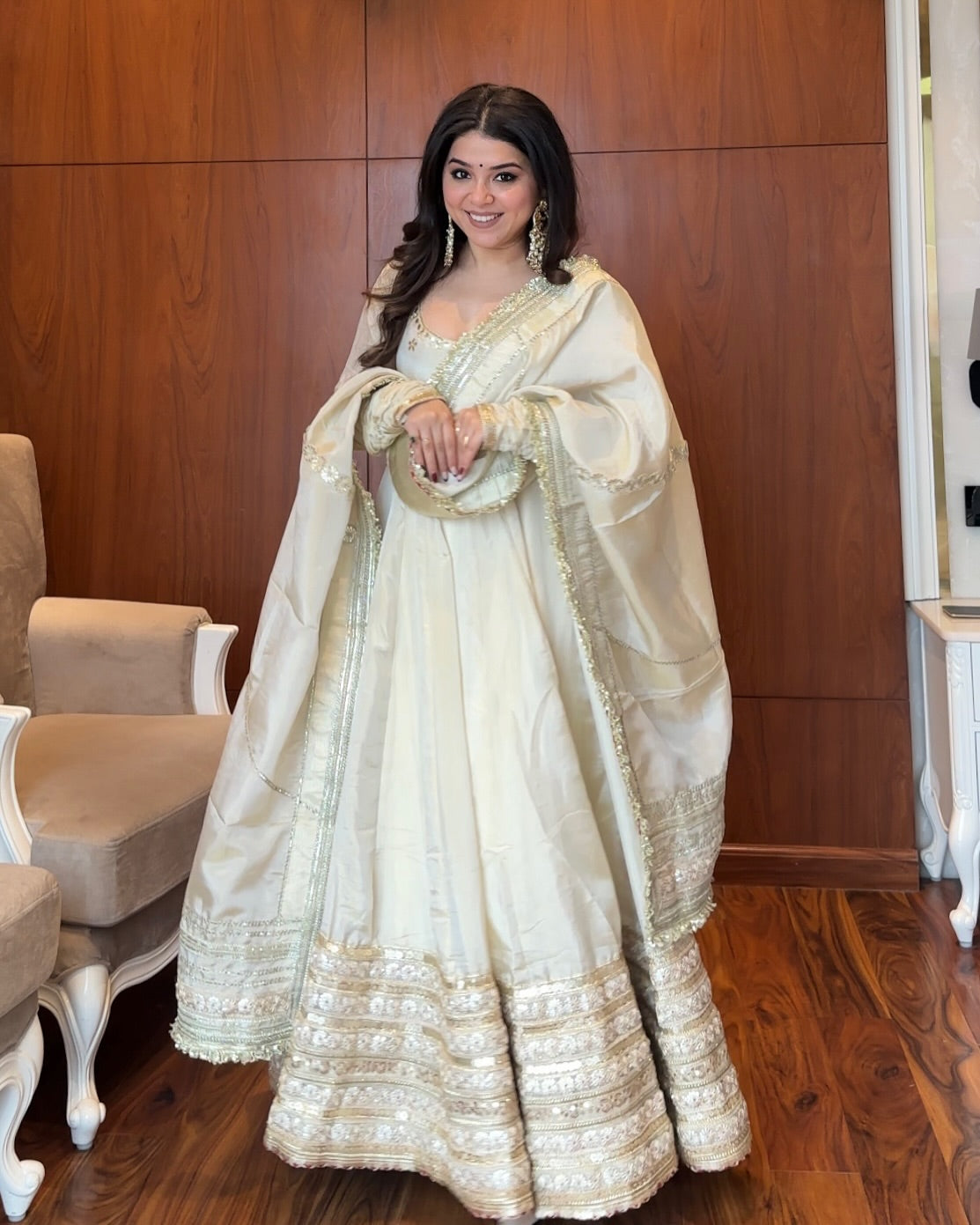 Elegant White Chinon Embroidered Work Anarkali Set