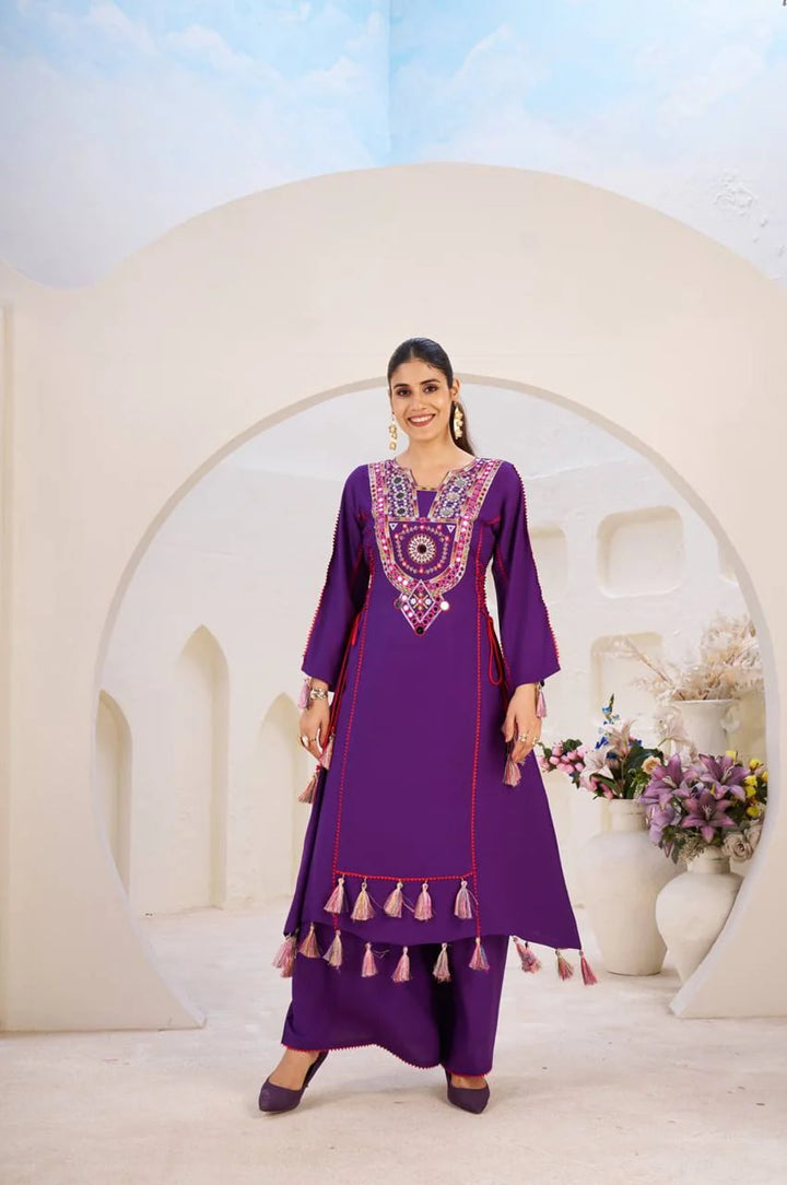 Women Ethnic Embroidered Regular Mirror Kurta with Palazzos