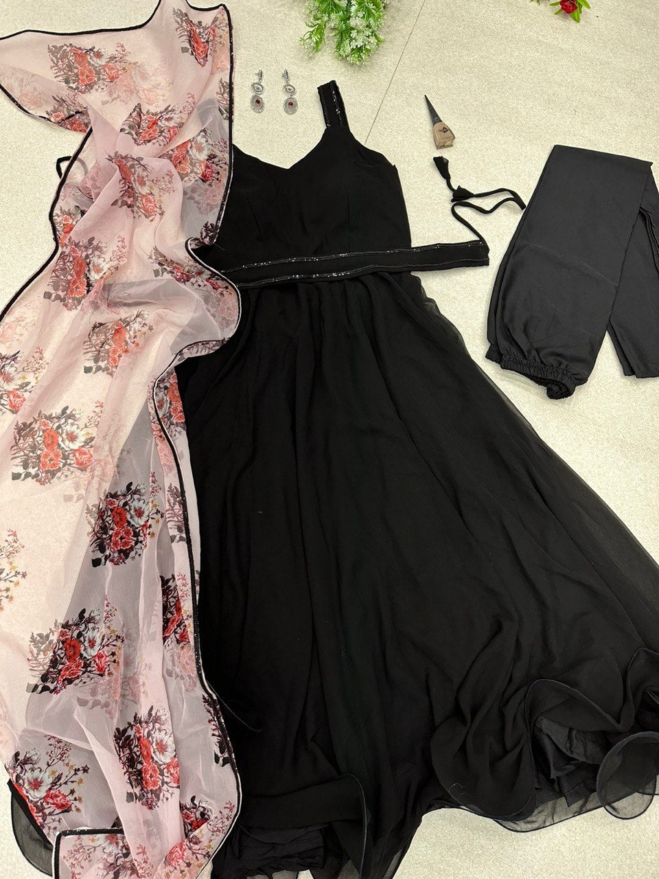 Breathtaking Black Faux Georgette Plain Anarkali Pant Suit With Floral Dupatta - INDIAN ELEGANCE