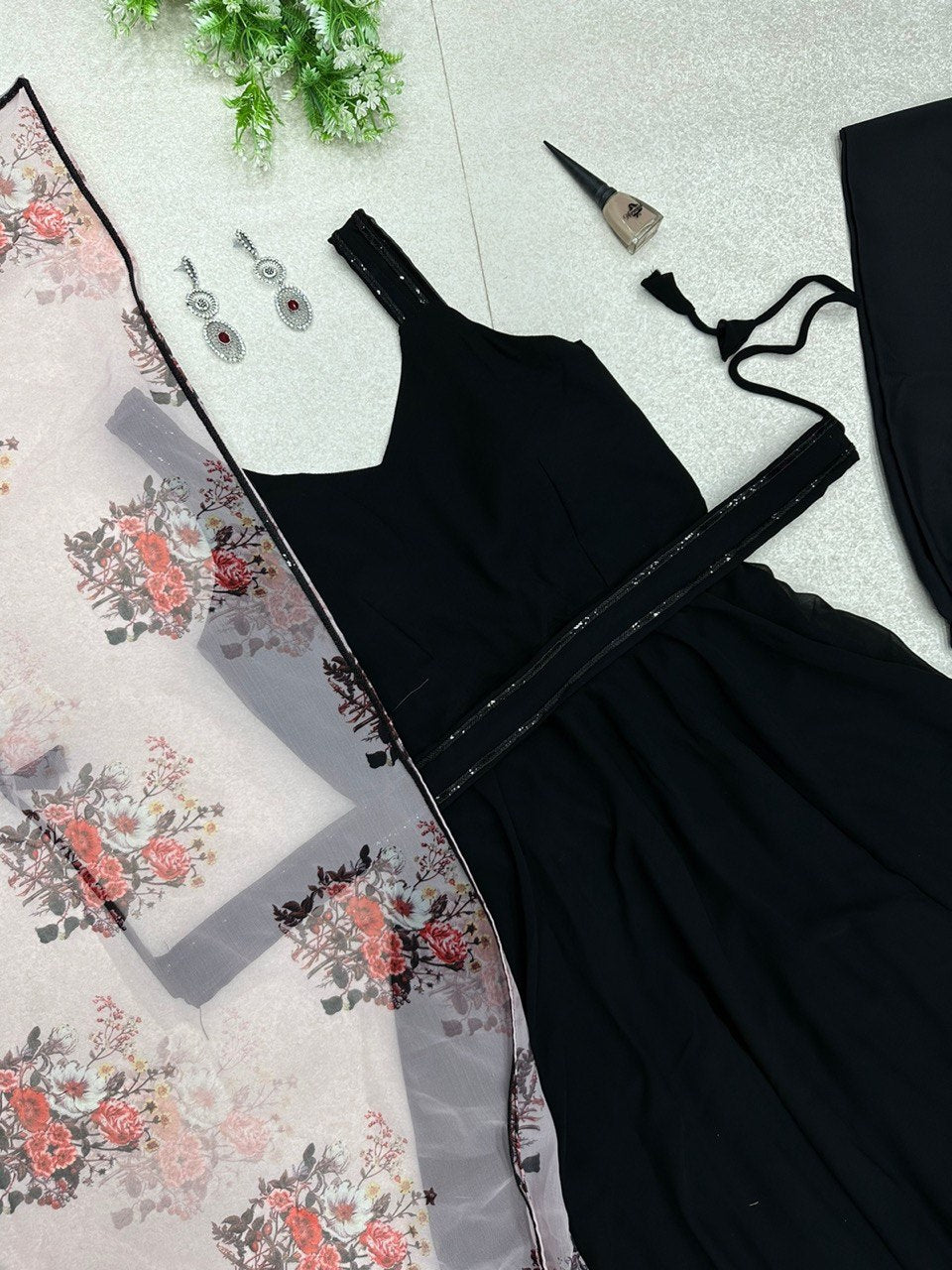 Breathtaking Black Faux Georgette Plain Anarkali Pant Suit With Floral Dupatta - INDIAN ELEGANCE