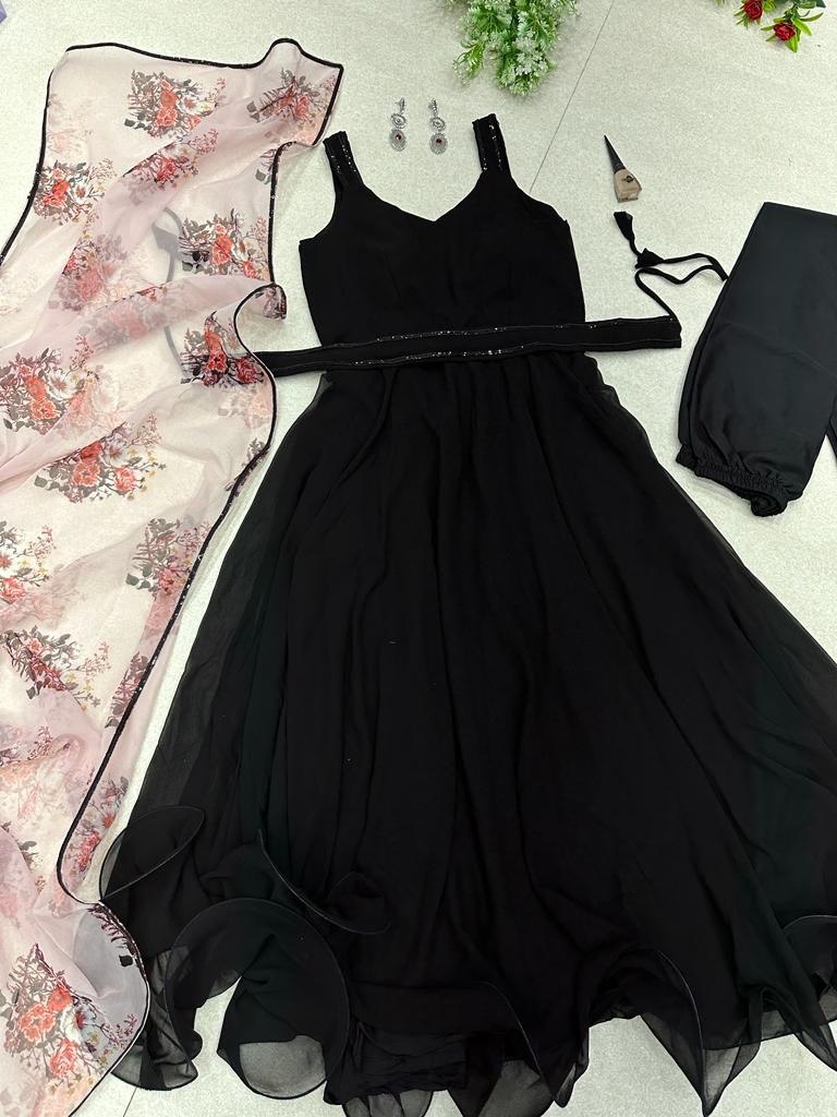 Breathtaking Black Faux Georgette Plain Anarkali Pant Suit With Floral Dupatta - INDIAN ELEGANCE