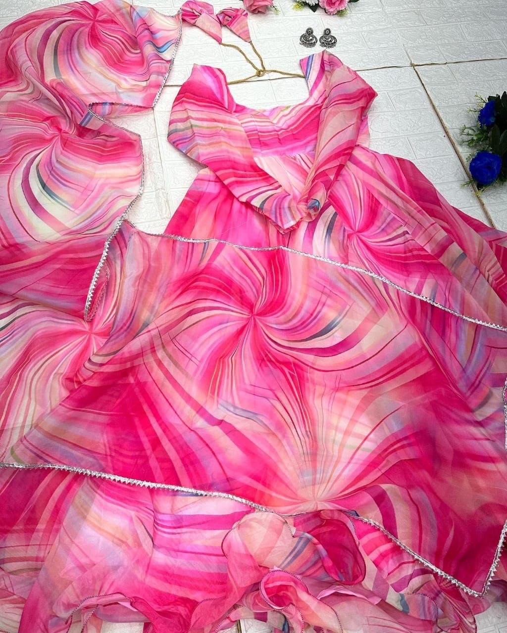 Fetching Pink Organza Silk Digital Printed Fully Stitched Gown With Dupatta - INDIAN ELEGANCE
