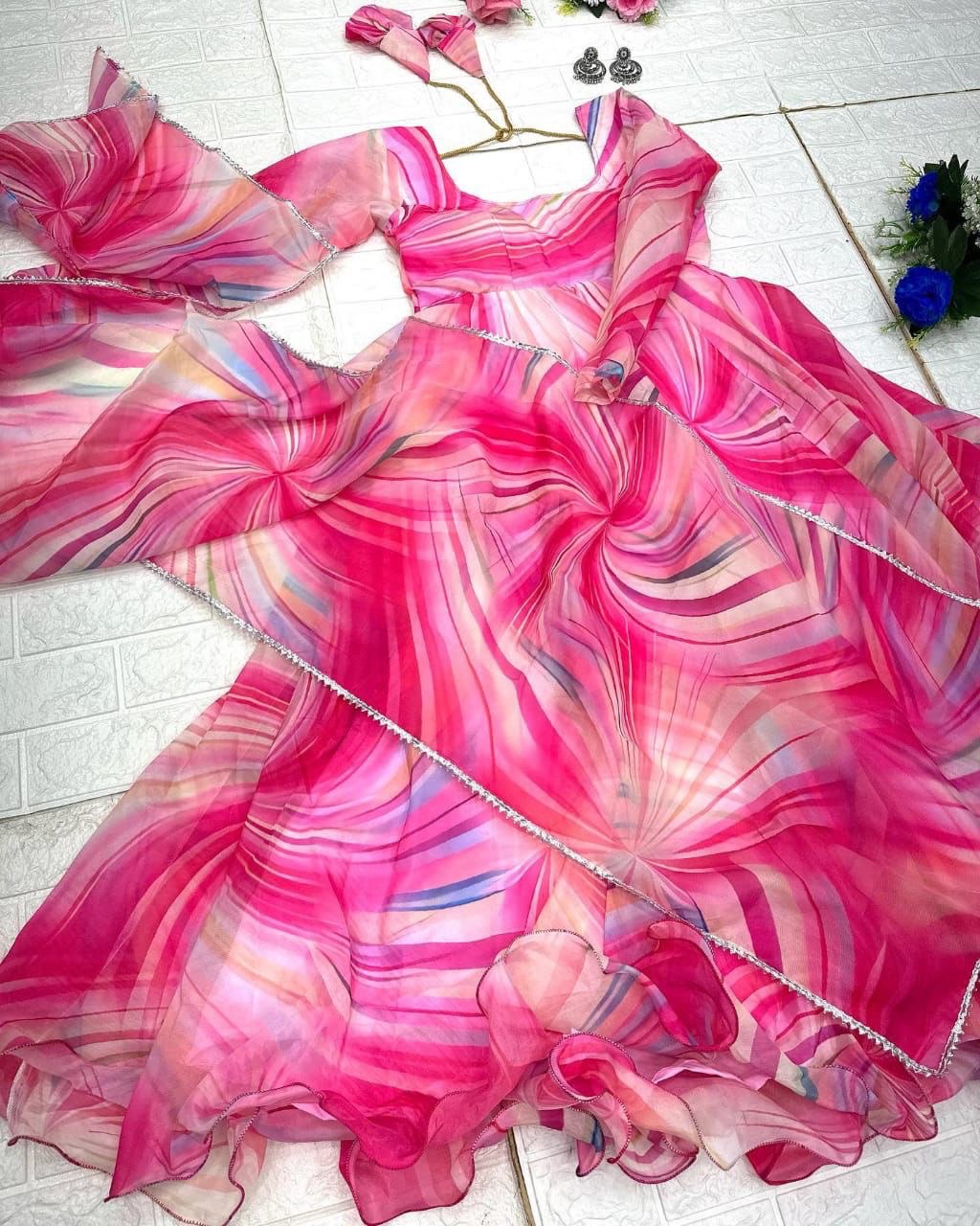 Fetching Pink Organza Silk Digital Printed Fully Stitched Gown With Dupatta - INDIAN ELEGANCE