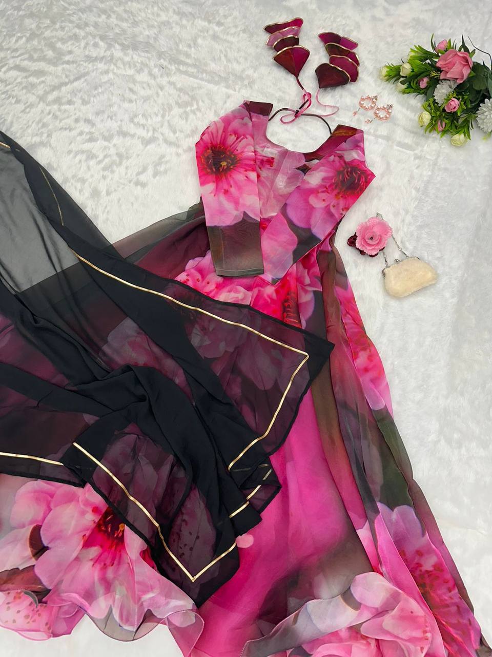 Radiant Pink Organza Silk Digital Printed Fully Stitched Gown With Dupatta - INDIAN ELEGANCE