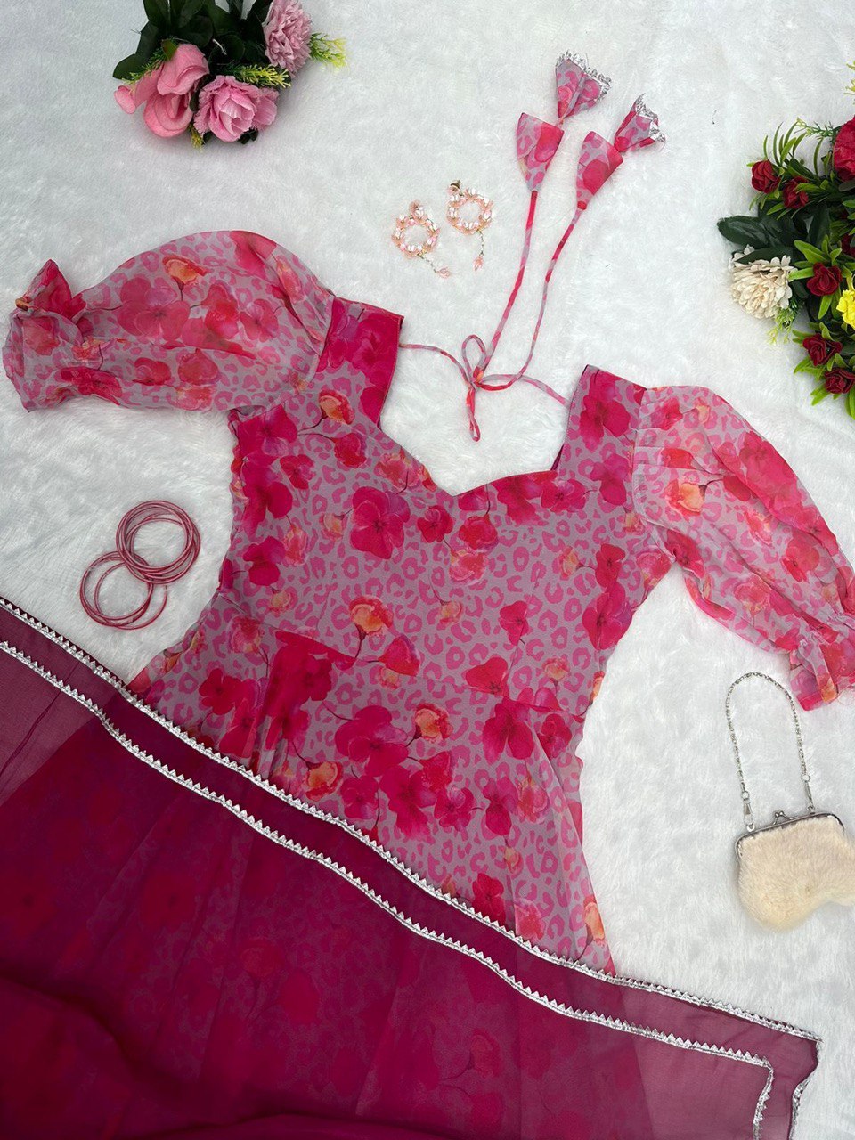 Captivating Pink Georgette Fully Stitched Plain Gown With Floral Dupatta - INDIAN ELEGANCE