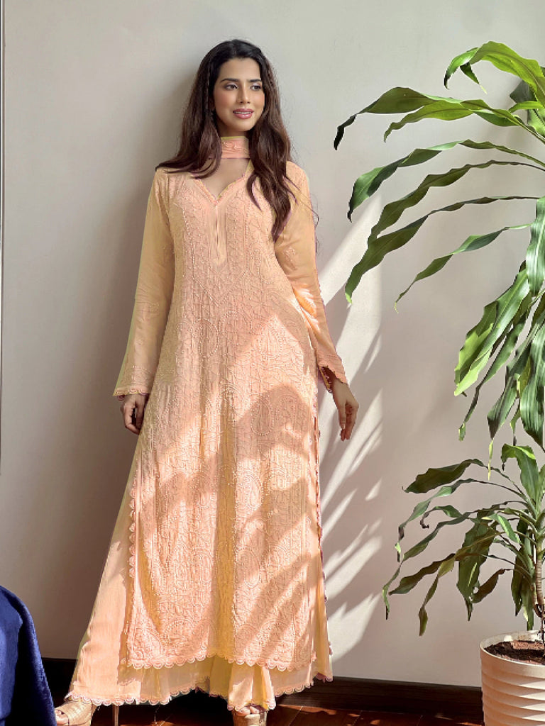 Chikankari Embroidered Kurta Palazzo Dupatta Set – Elegant Ethnic Wear for Every Occasion