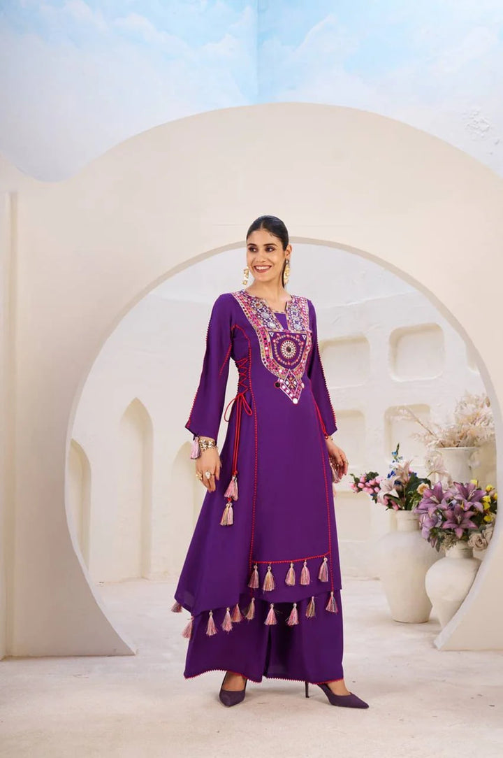 Women Ethnic Embroidered Regular Mirror Kurta with Palazzos