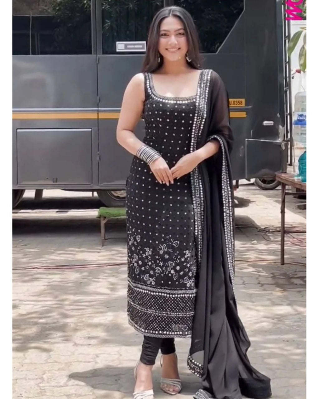 Black Straight Suit Set With Embroidered Elegance With Mirror Work