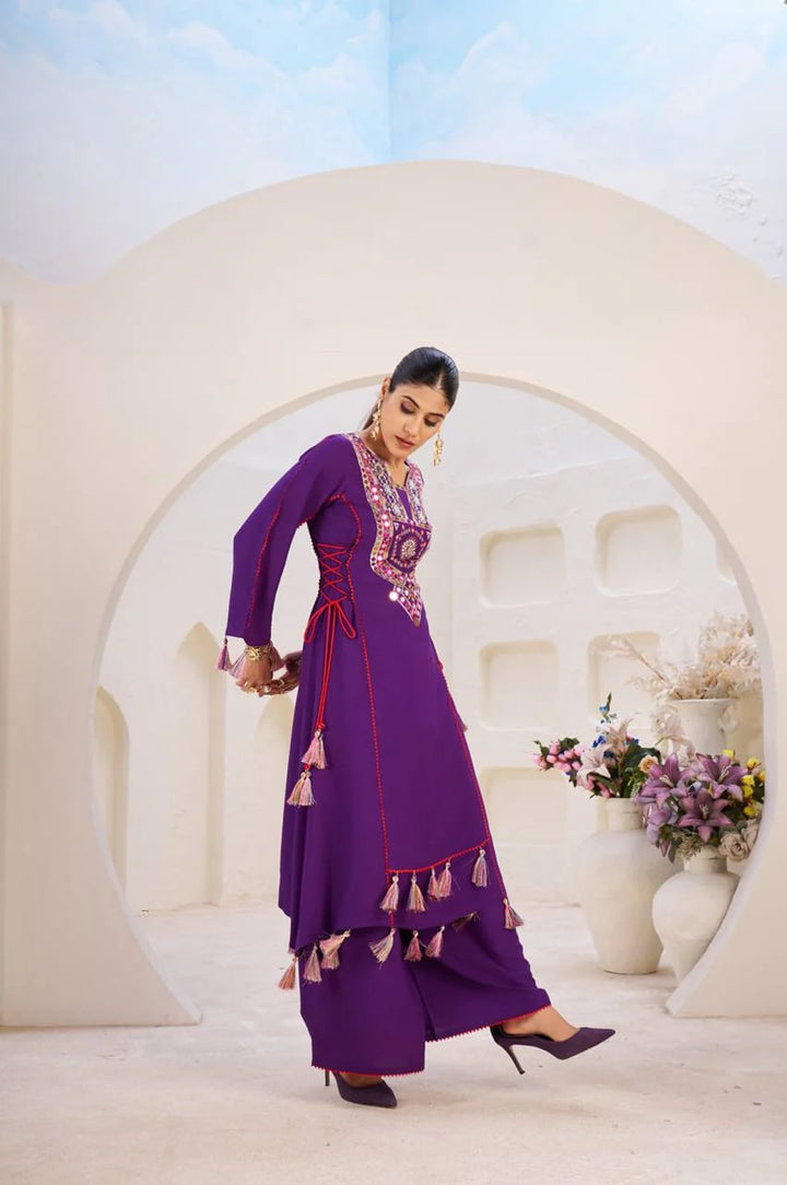 Women Ethnic Embroidered Regular Mirror Kurta with Palazzos