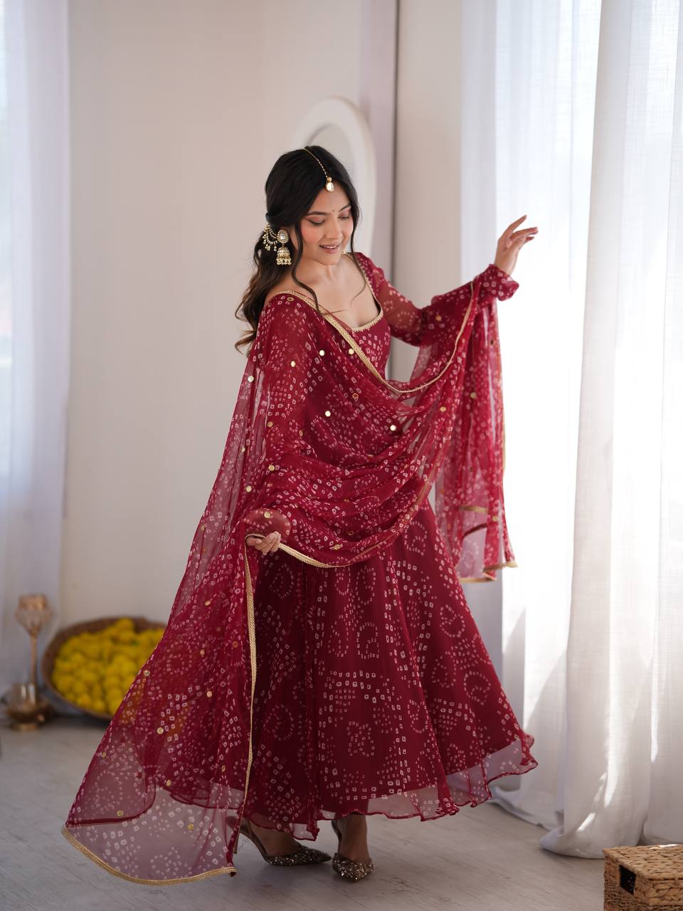 Maroon Digital Printed Anarkali Suit Set with Real Mirror Work Dupatta | 7 Meter Flare Festive & Diwali Wear