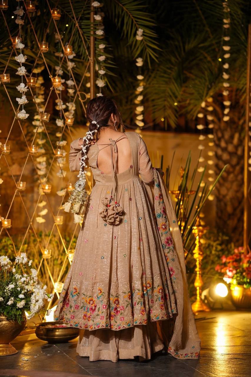 Wedding Wear Beige Floral Embroidered Anarkali Gown Sharara Set in Soft Crunchy Silk with Dupatta