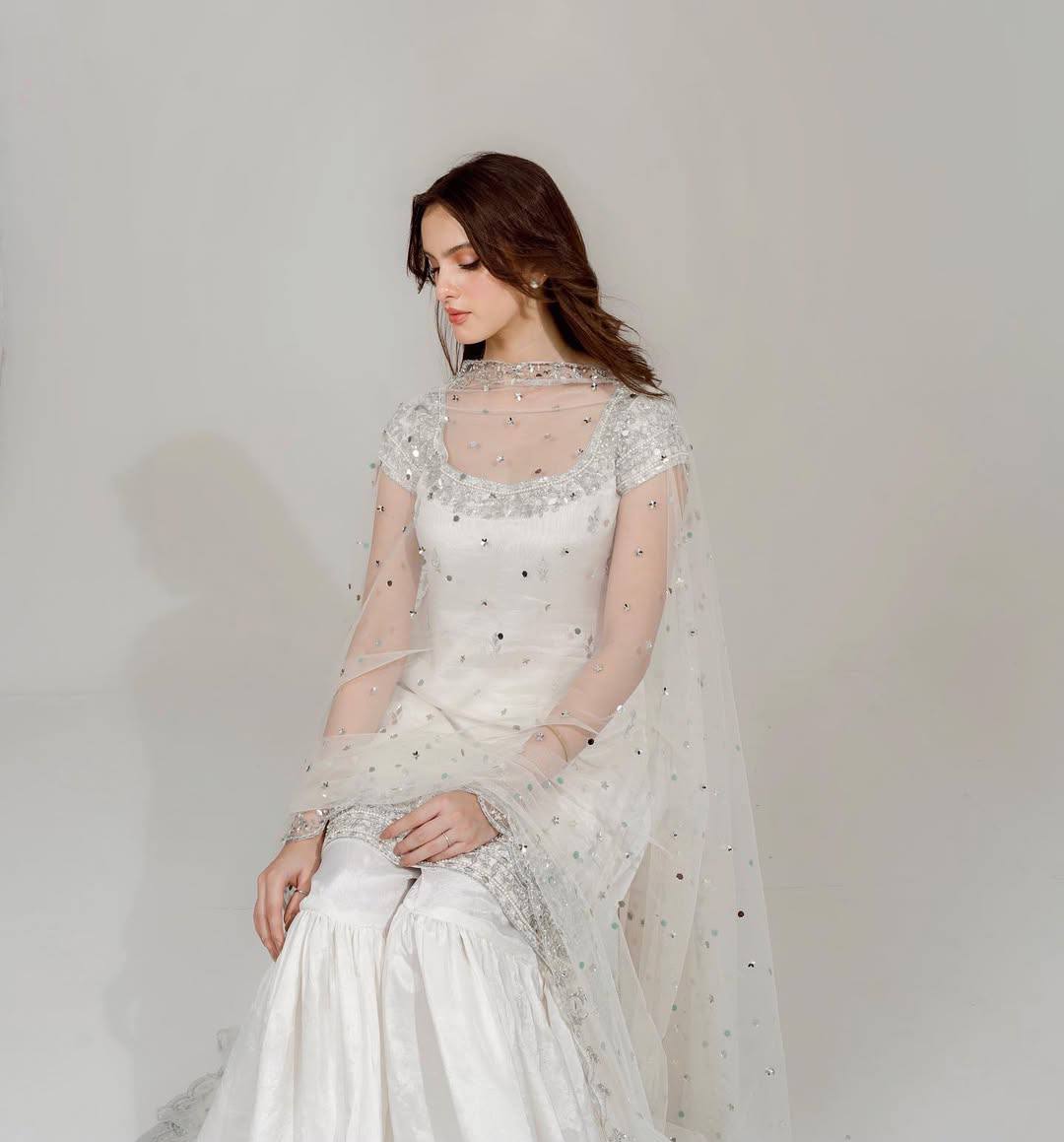 Ivory White Faux Georgette Sharara Suit with Heavy Embroidery, Sequin & Real Mirror Handwork Dupatta
