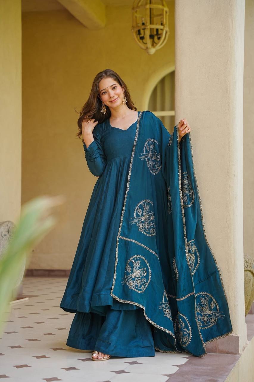 anarkali designer dresses Elegant Teal Blue Dress with Palazzo & Dupatta REAL GEORGETTE / PURE designer Size:US30/UK34 Women's Plus Size Gathered