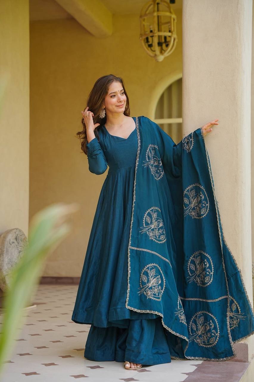 Elegant Teal Blue Designer Anarkali Dress with Palazzo & Dupatta | Designer Party Wear Ethnic Dress