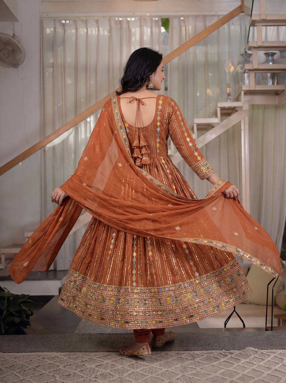 Wedding & Festive Wear Rust Brown Embroidered Anarkali Suit Set with Dupatta for Women .