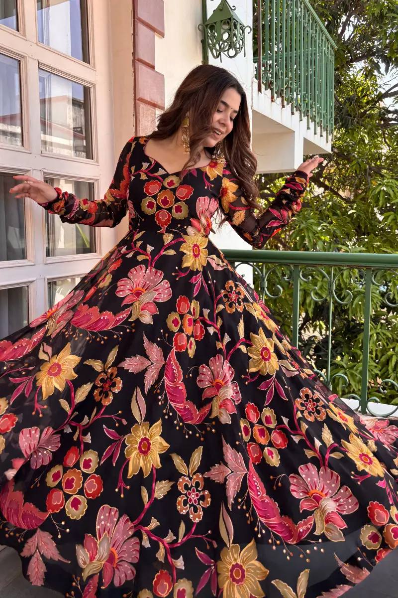 Black Tabby Organza Anarkali Gown with Floral Digital Print & Dupatta | Festive Party Wear