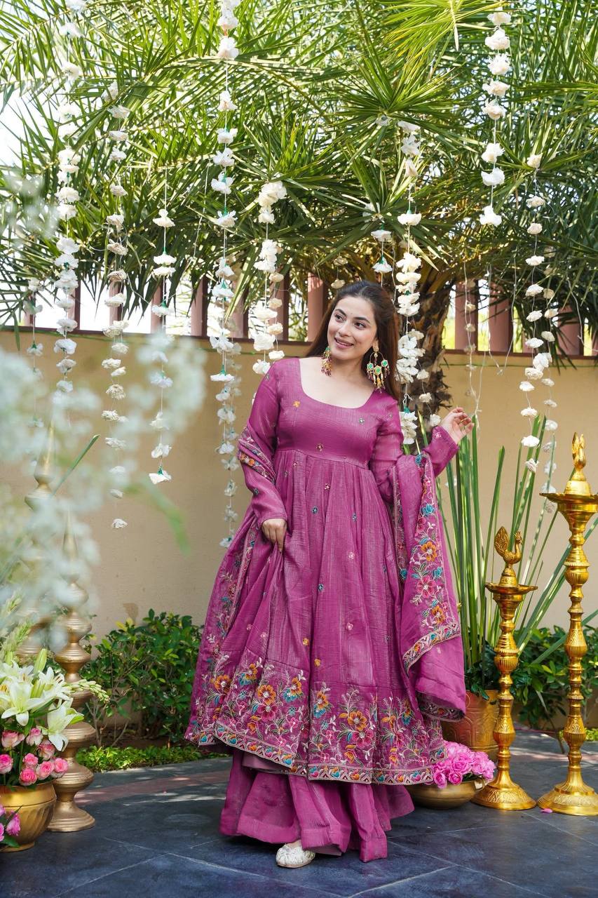 Festive Wear Soft Crunchy Silk Embroidered Gown Sharara Set with Dupatta