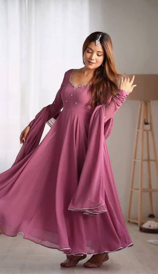 Lavender Color Gerogatte Fabric Fully Stiched Anarkali