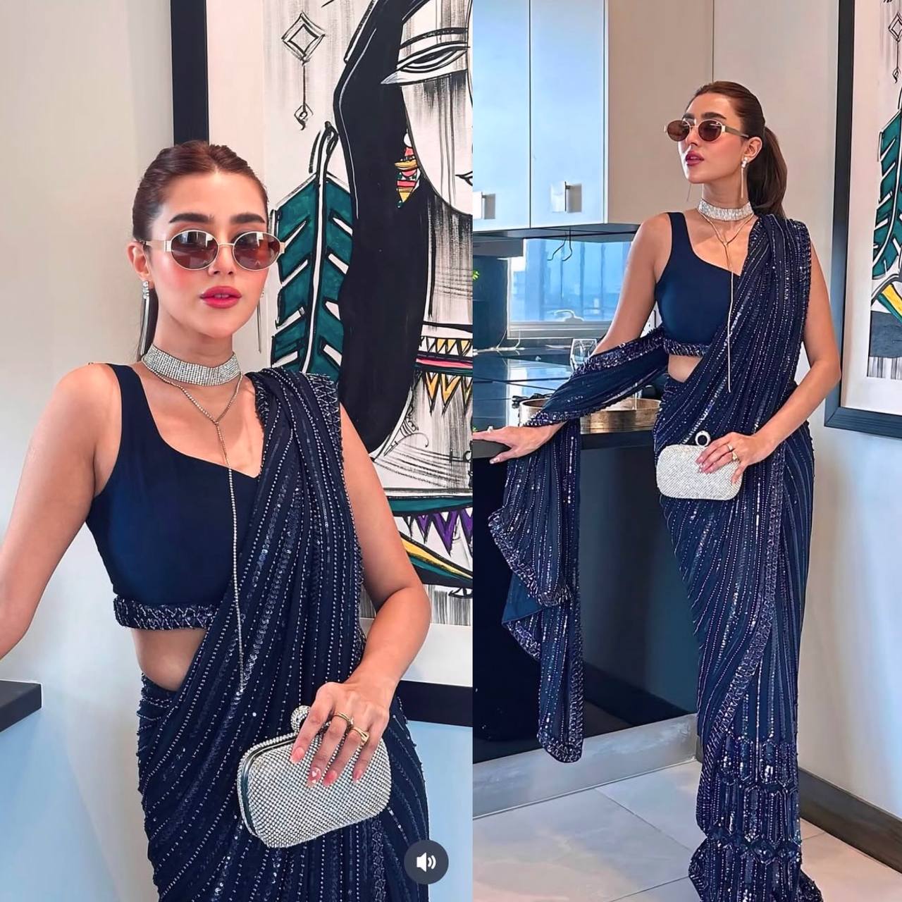 Wedding Party Wear Navy Blue Sequin Net Saree For Women