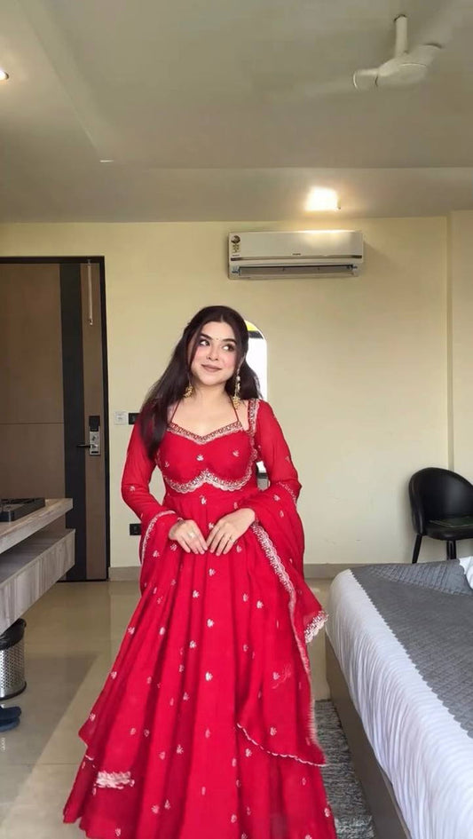 Red Chilli Slit Anarkali Premium Suit Set | Festive & Party Wear Style