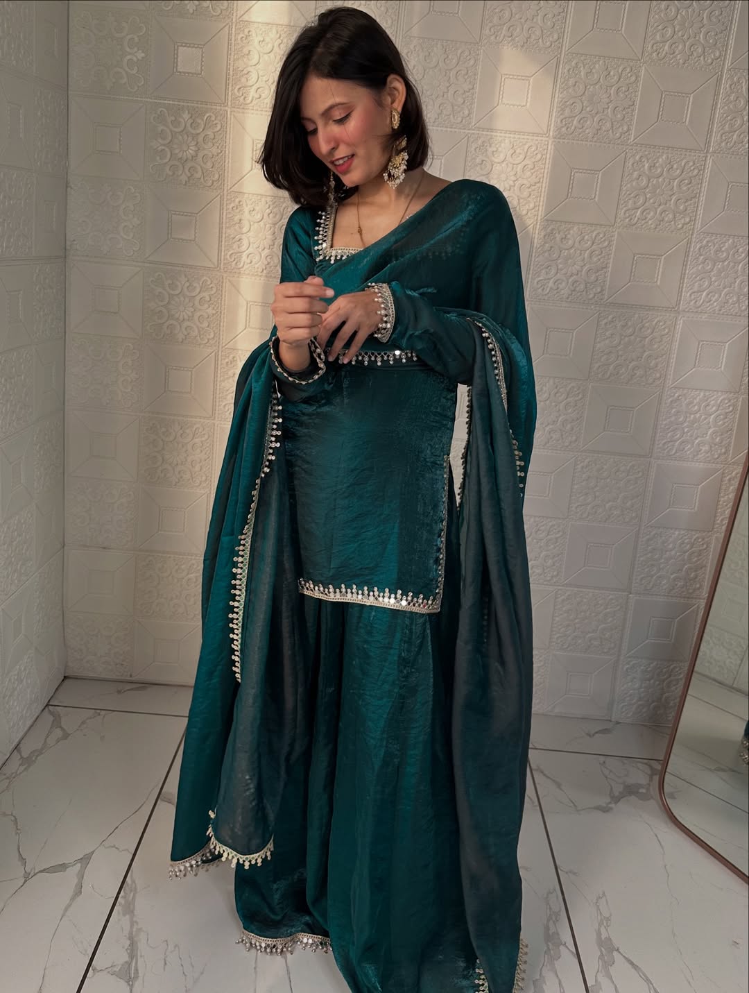 Designer Fandy Silk Kurta Palazzo Set With Dupatta For Wedding, Festive & Party Wear