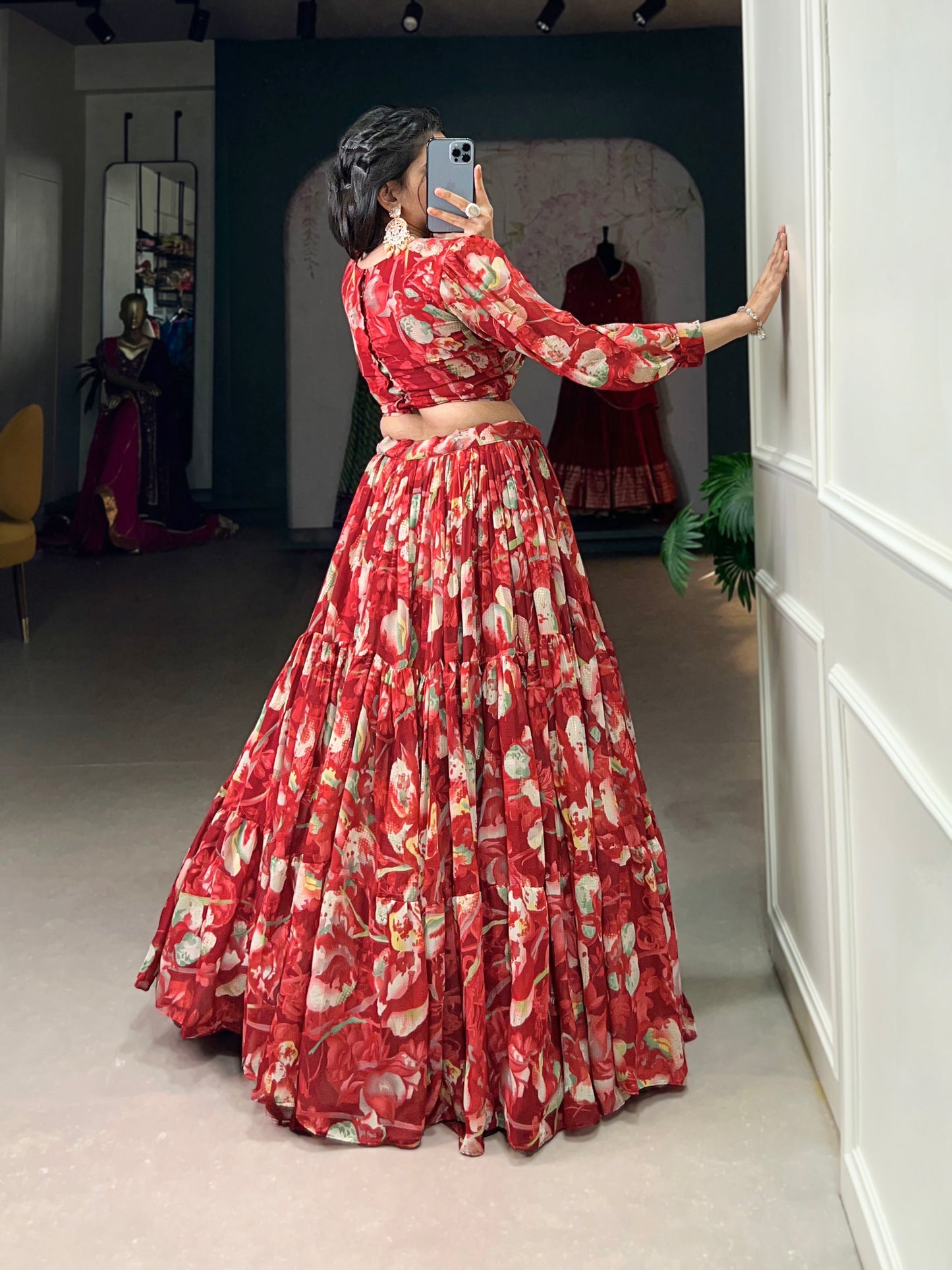 Stunning Georgette Floral Digital Printed Lehenga With Stitched Blouse - INDIAN ELEGANCE
