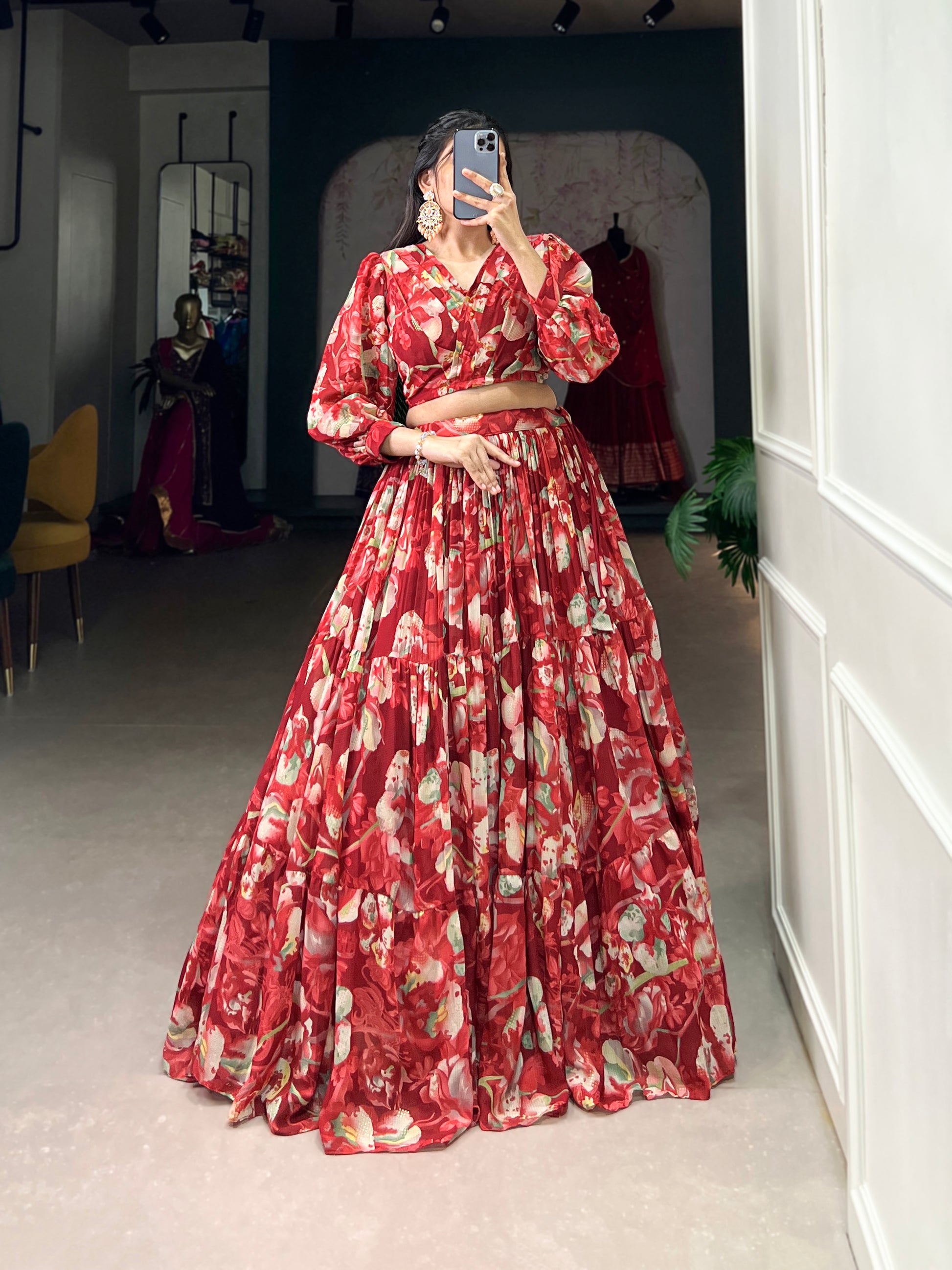 Stunning Georgette Floral Digital Printed Lehenga With Stitched Blouse - INDIAN ELEGANCE