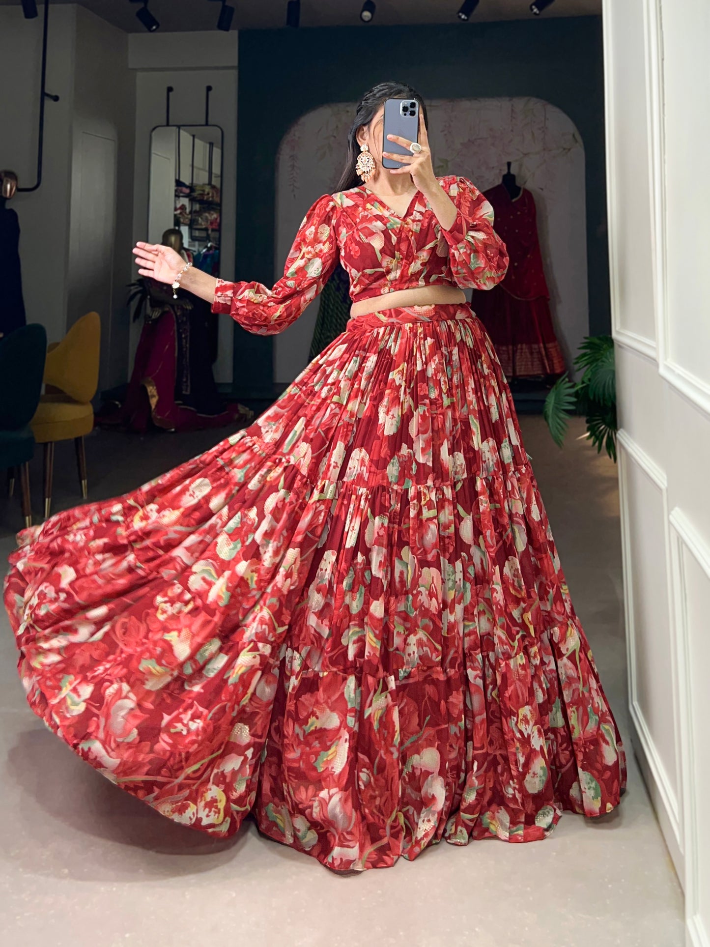 Stunning Georgette Floral Digital Printed Lehenga With Stitched Blouse - INDIAN ELEGANCE