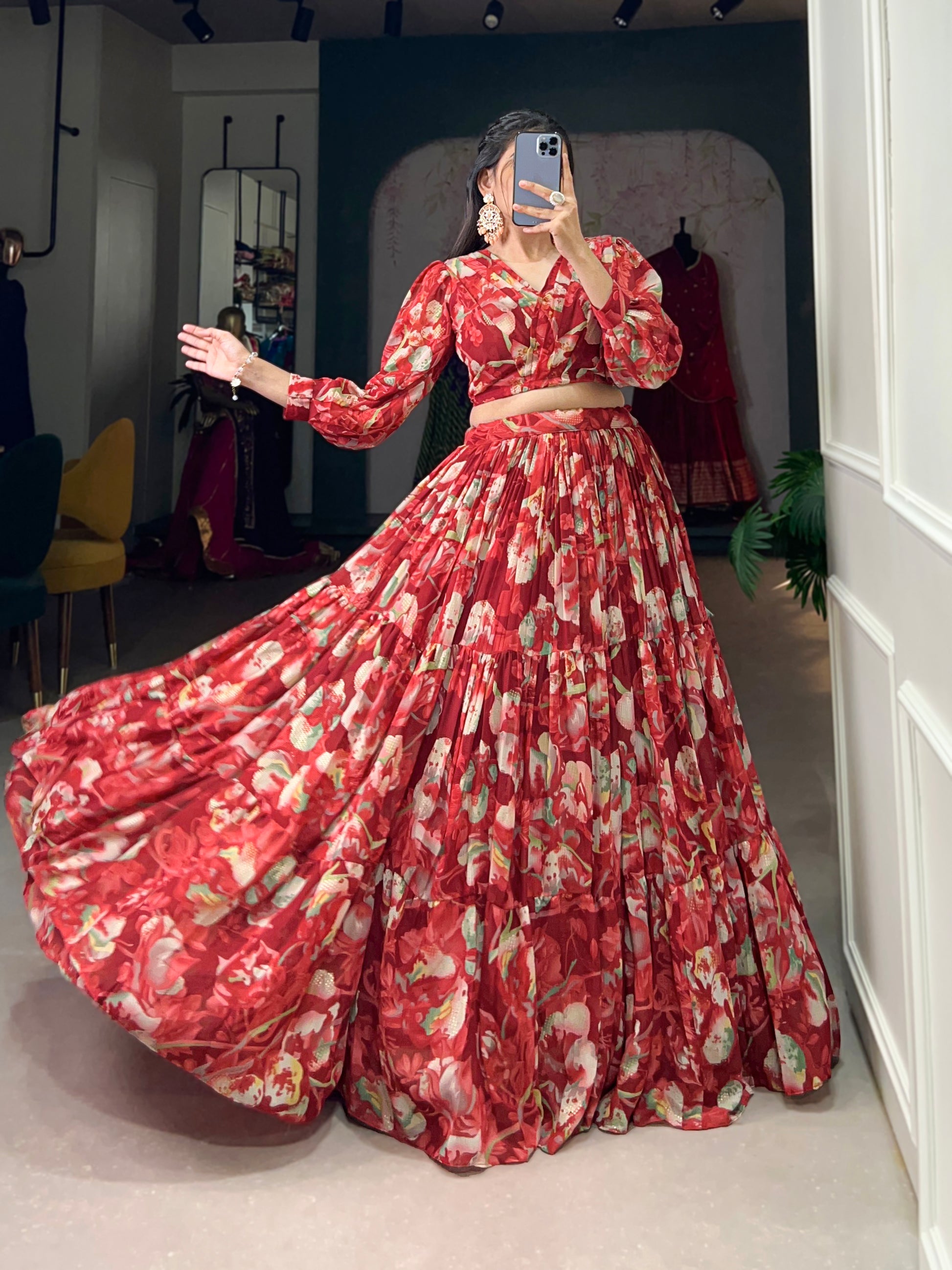 Stunning Georgette Floral Digital Printed Lehenga With Stitched Blouse - INDIAN ELEGANCE