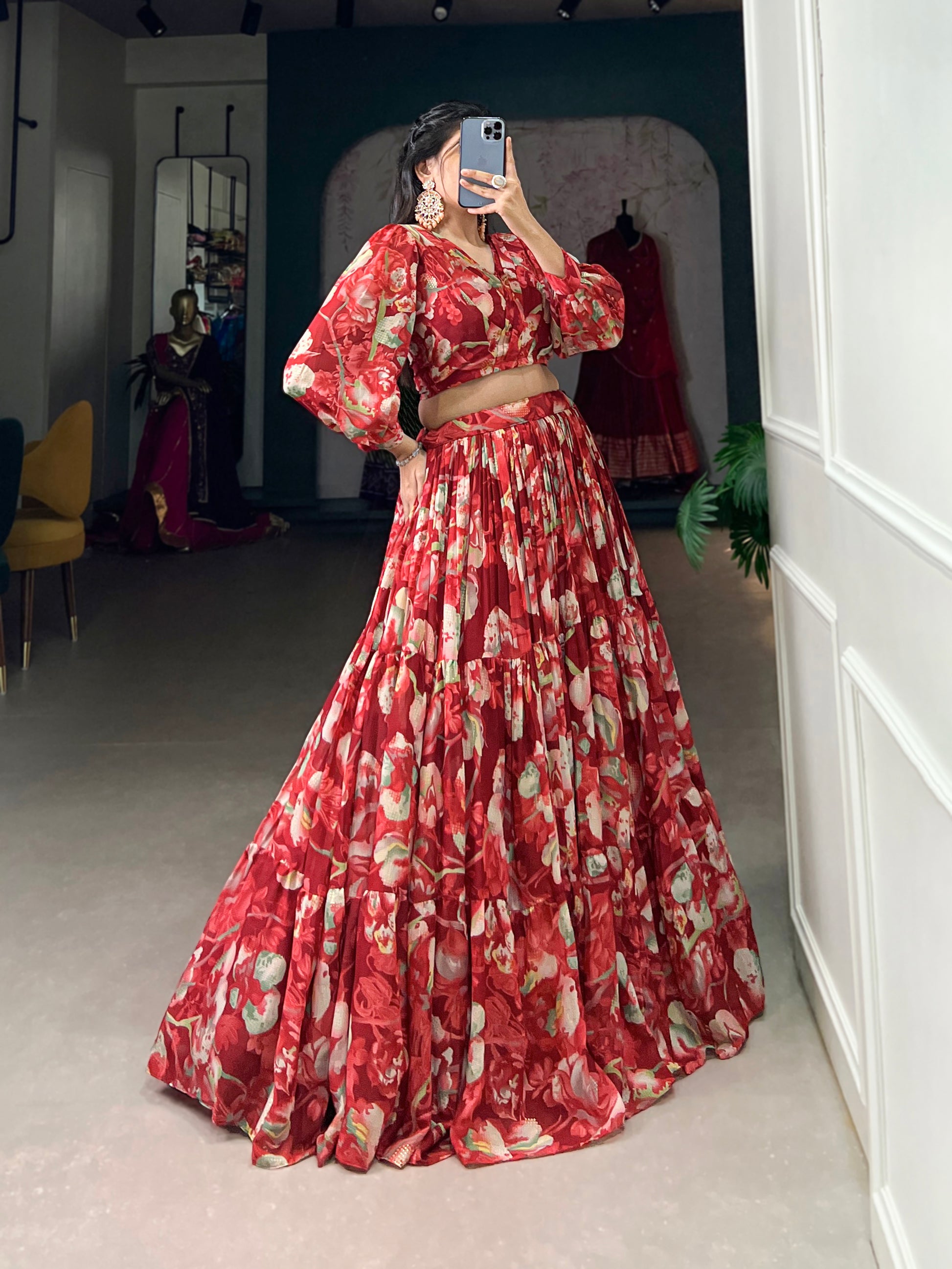 Stunning Georgette Floral Digital Printed Lehenga With Stitched Blouse - INDIAN ELEGANCE