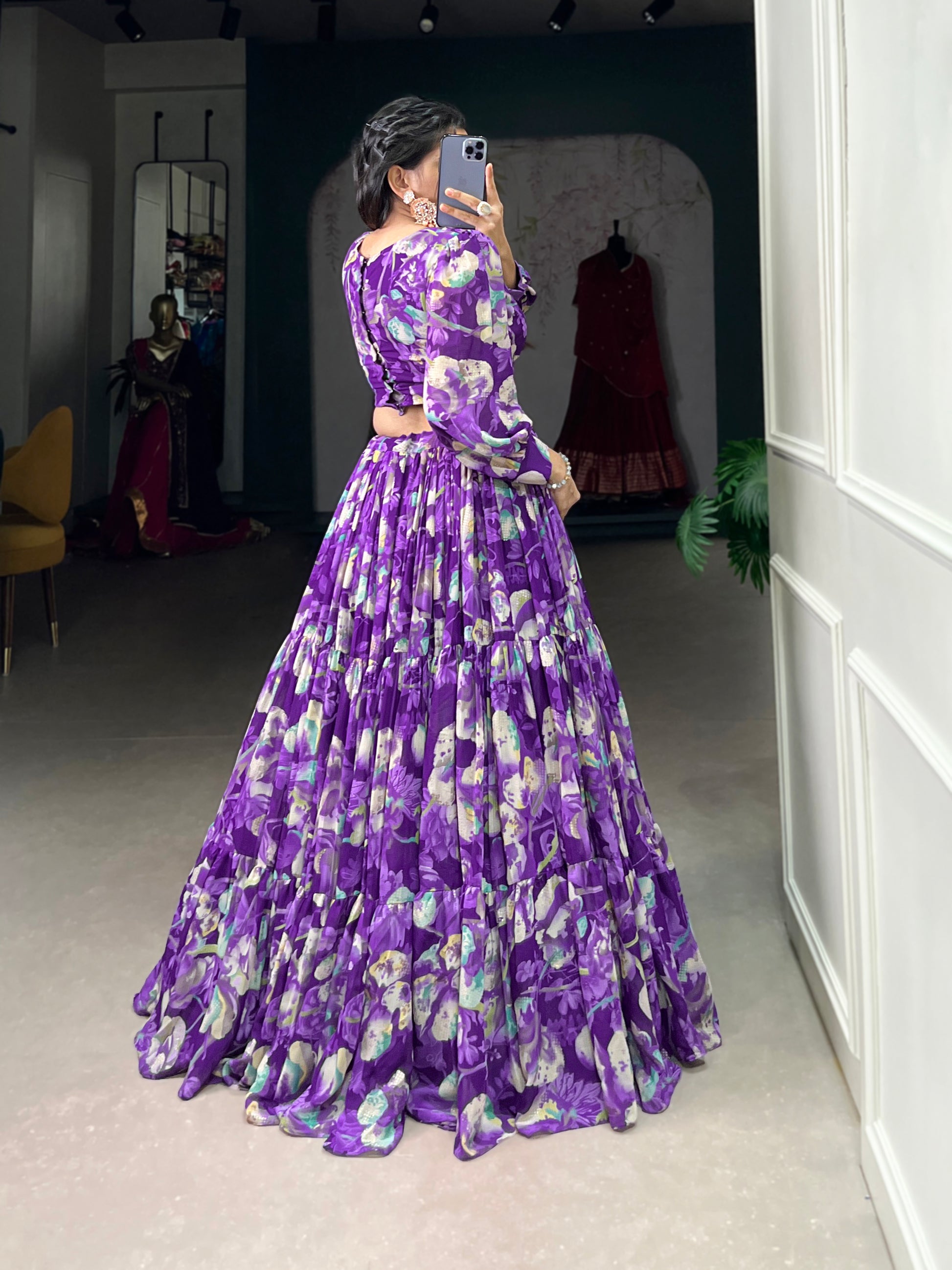 Stunning Georgette Floral Digital Printed Lehenga With Stitched Blouse - INDIAN ELEGANCE