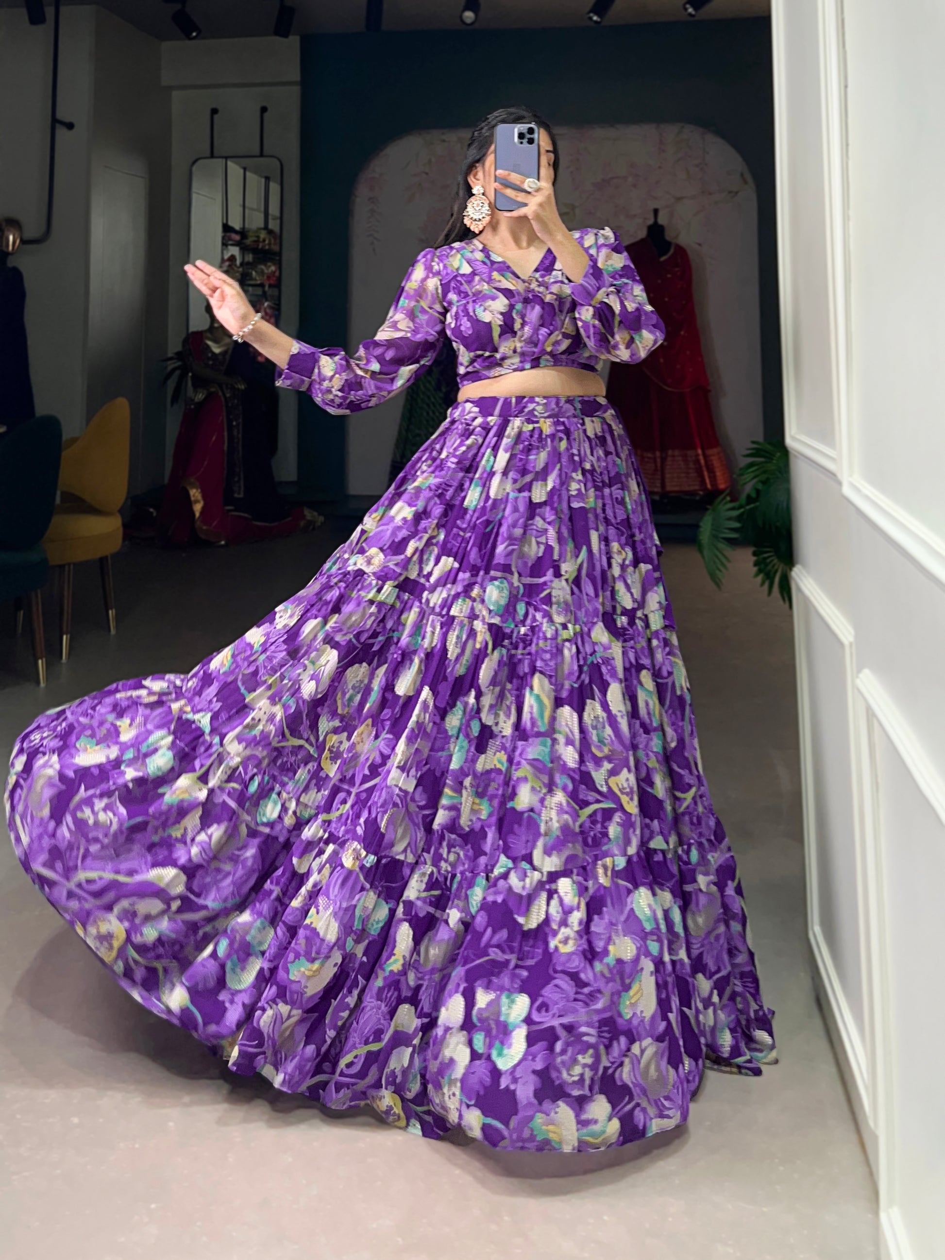 Stunning Georgette Floral Digital Printed Lehenga With Stitched Blouse - INDIAN ELEGANCE