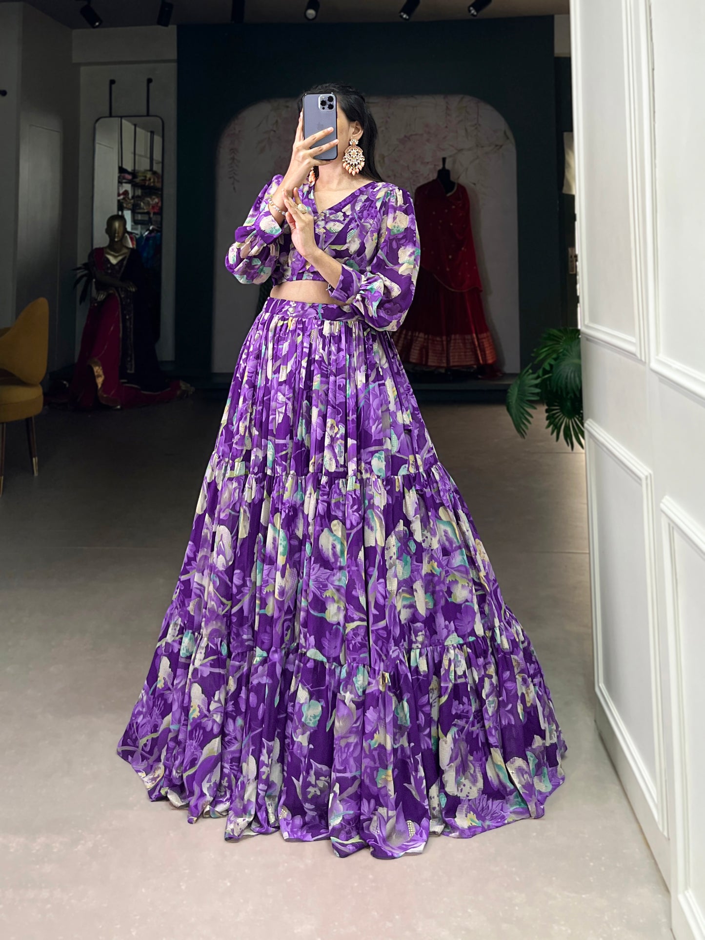 Stunning Georgette Floral Digital Printed Lehenga With Stitched Blouse - INDIAN ELEGANCE