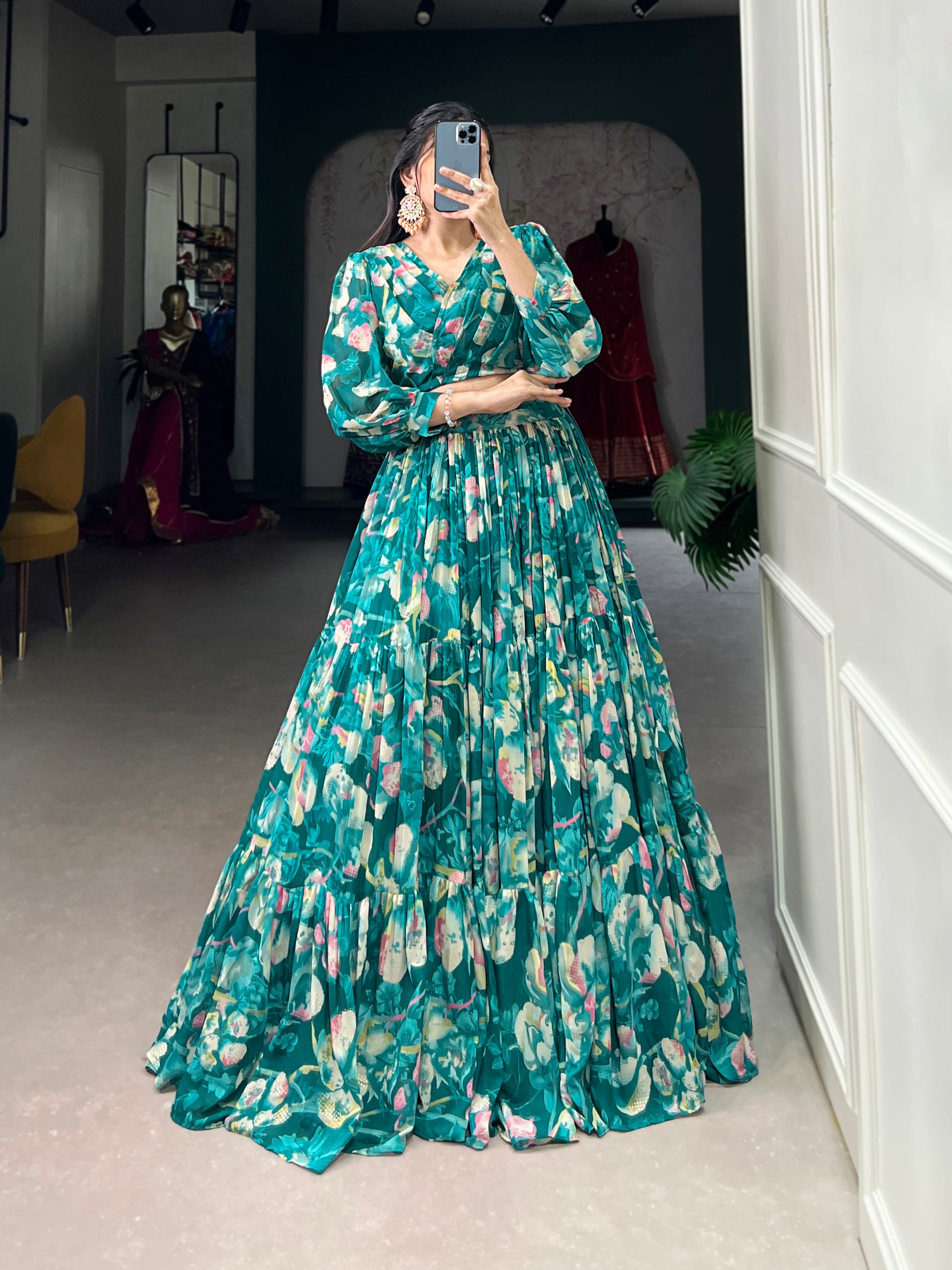 Stunning Georgette Floral Digital Printed Lehenga With Stitched Blouse - INDIAN ELEGANCE