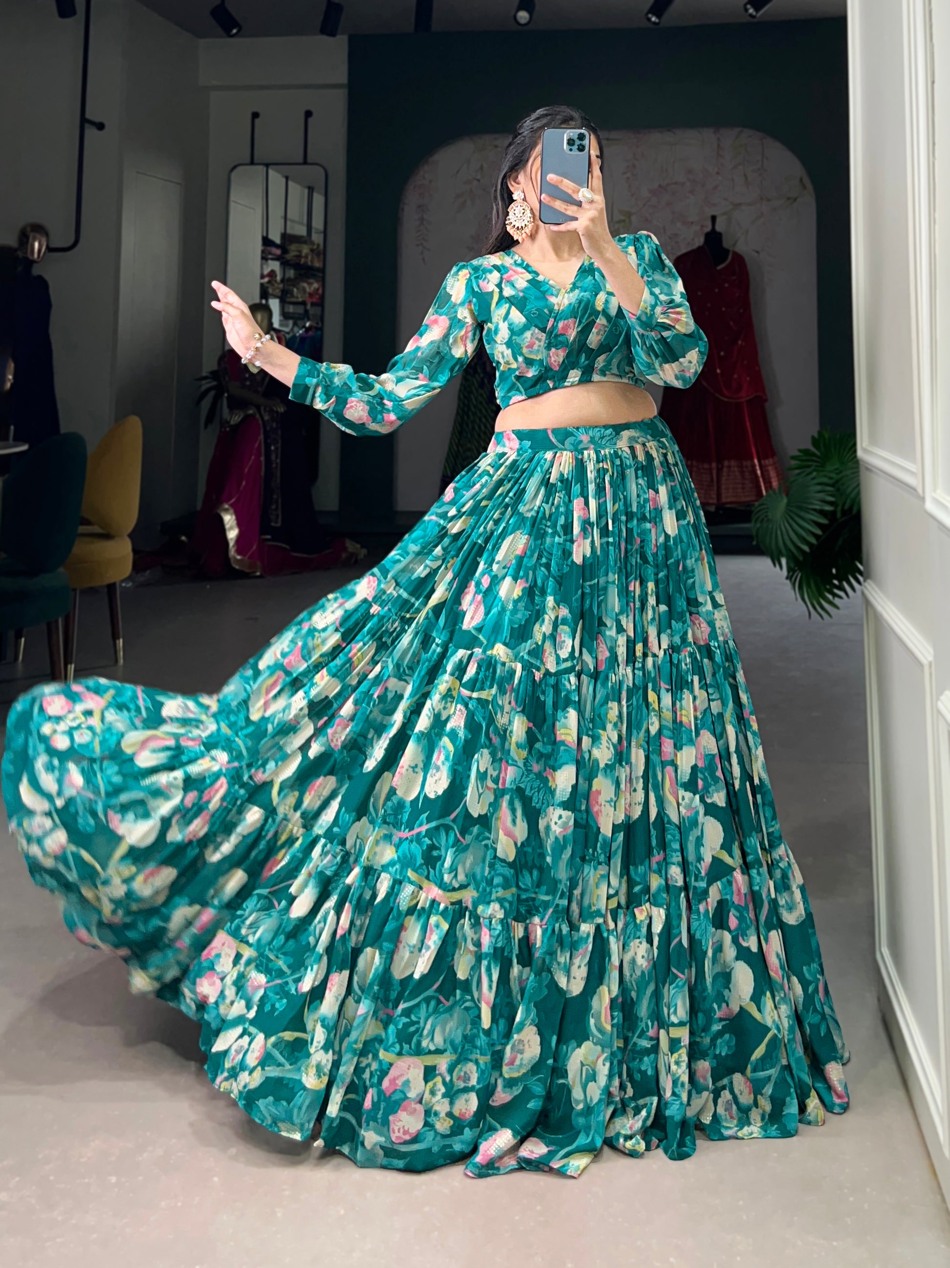 Stunning Georgette Floral Digital Printed Lehenga With Stitched Blouse - INDIAN ELEGANCE