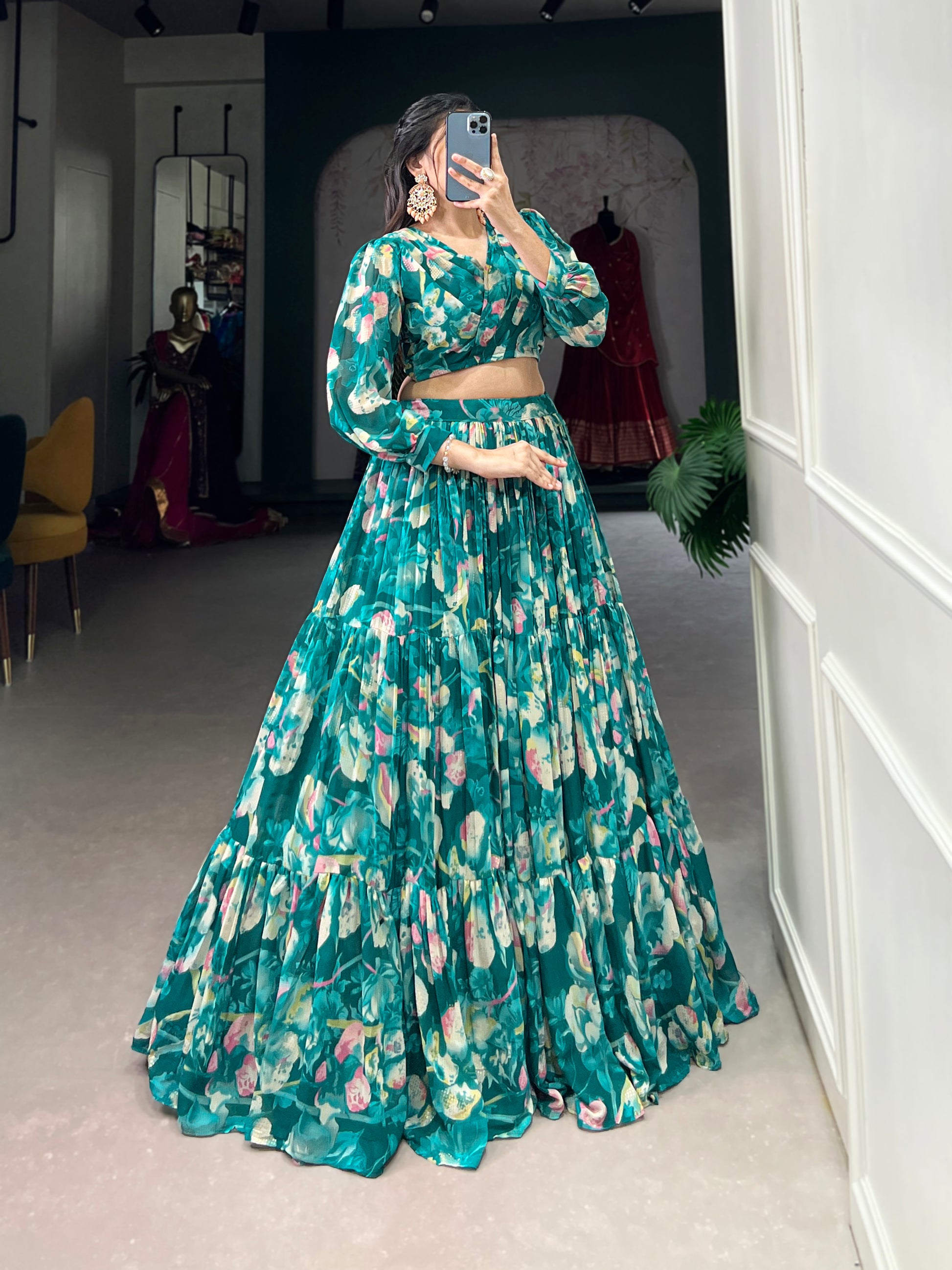 Stunning Georgette Floral Digital Printed Lehenga With Stitched Blouse - INDIAN ELEGANCE