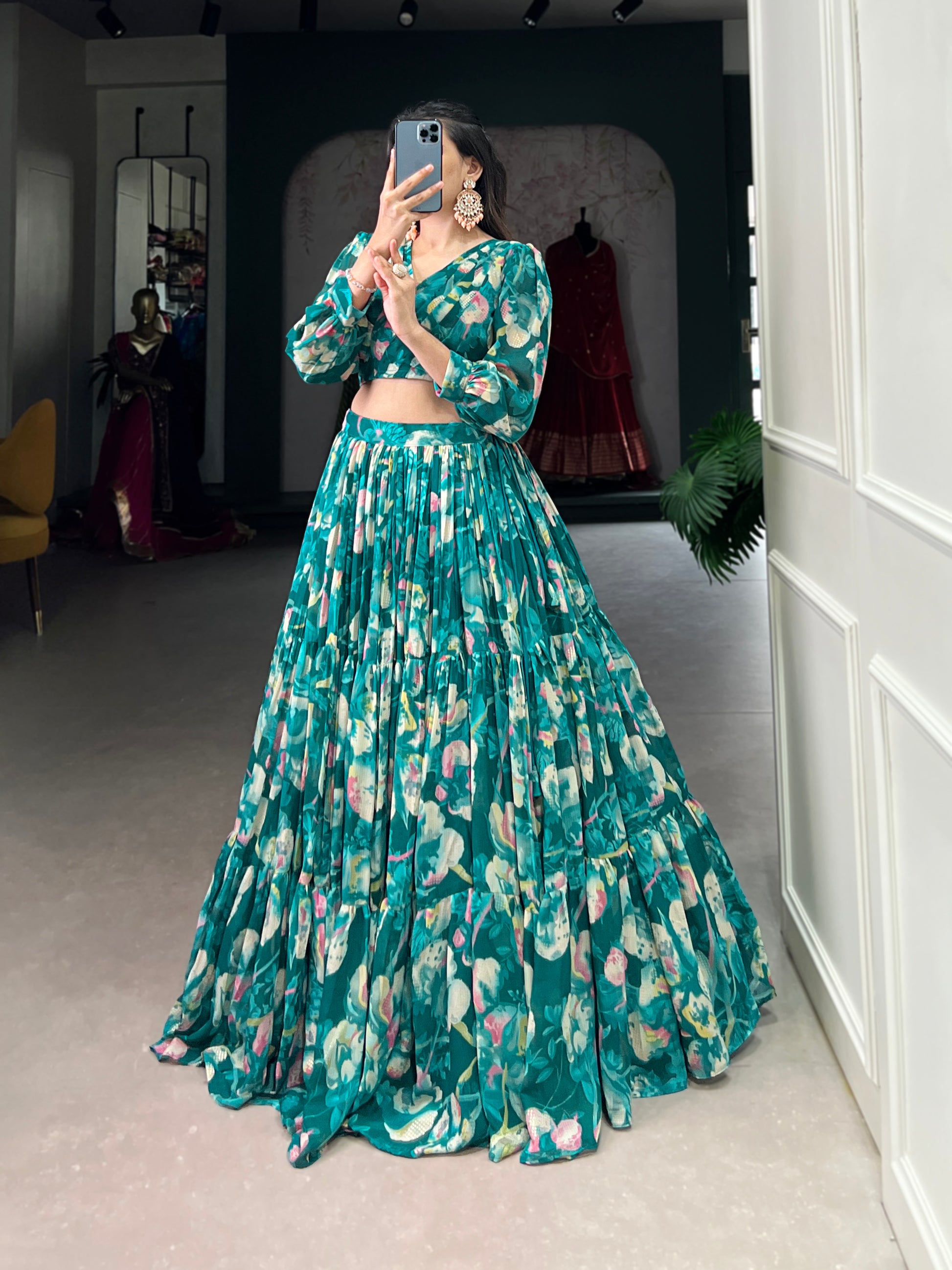 Stunning Georgette Floral Digital Printed Lehenga With Stitched Blouse - INDIAN ELEGANCE