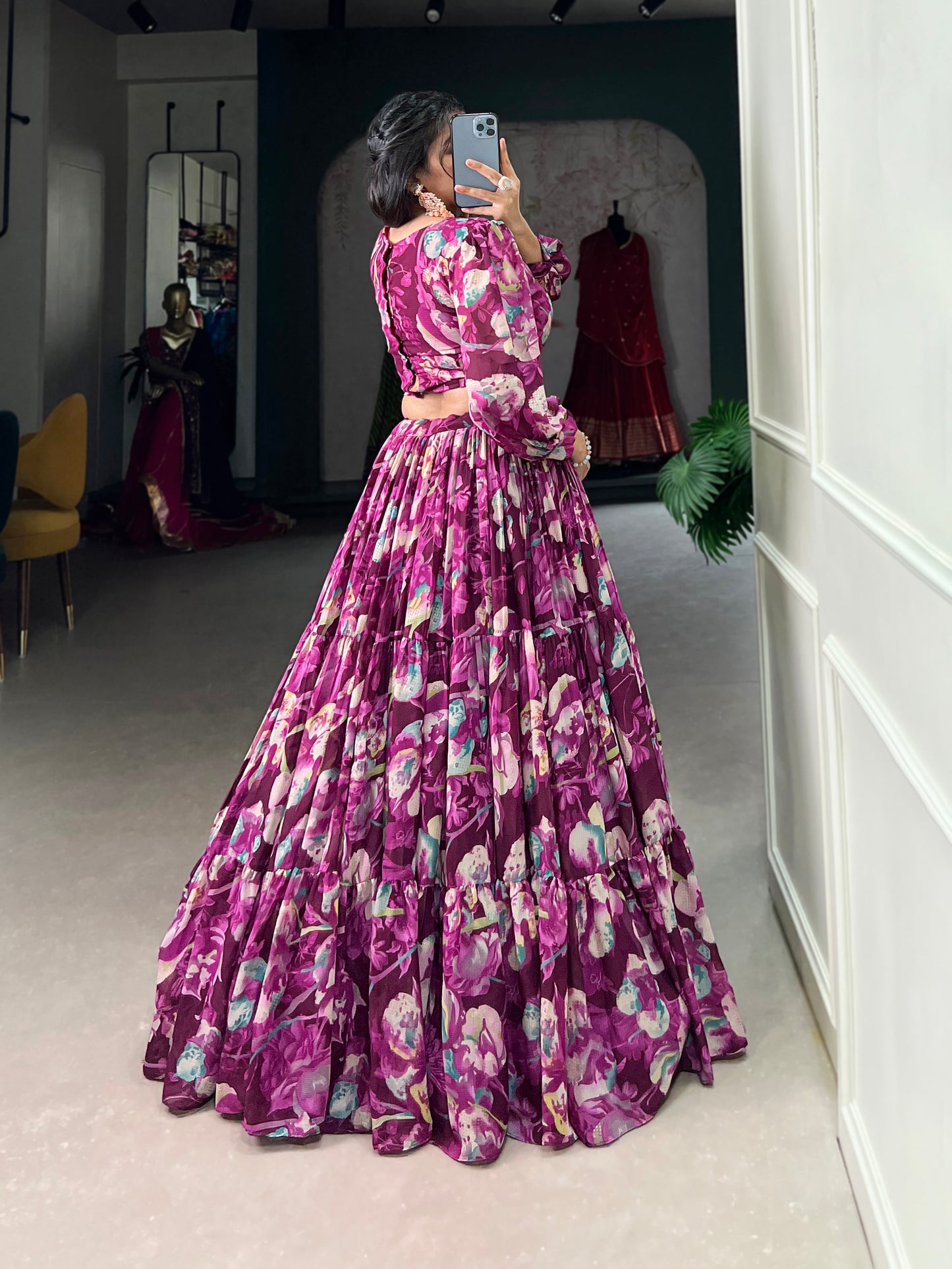 Stunning Georgette Floral Digital Printed Lehenga With Stitched Blouse - INDIAN ELEGANCE