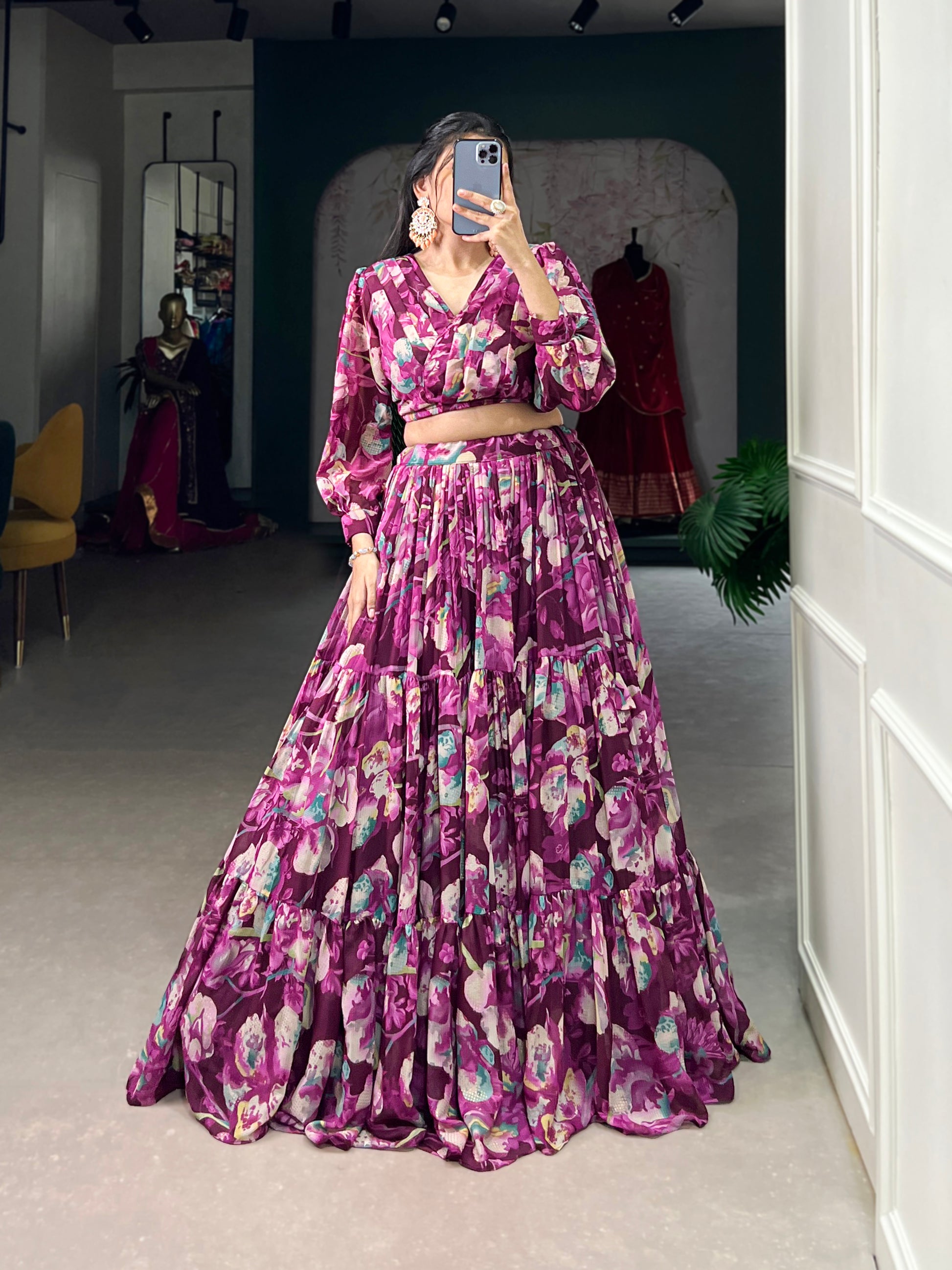 Stunning Georgette Floral Digital Printed Lehenga With Stitched Blouse - INDIAN ELEGANCE