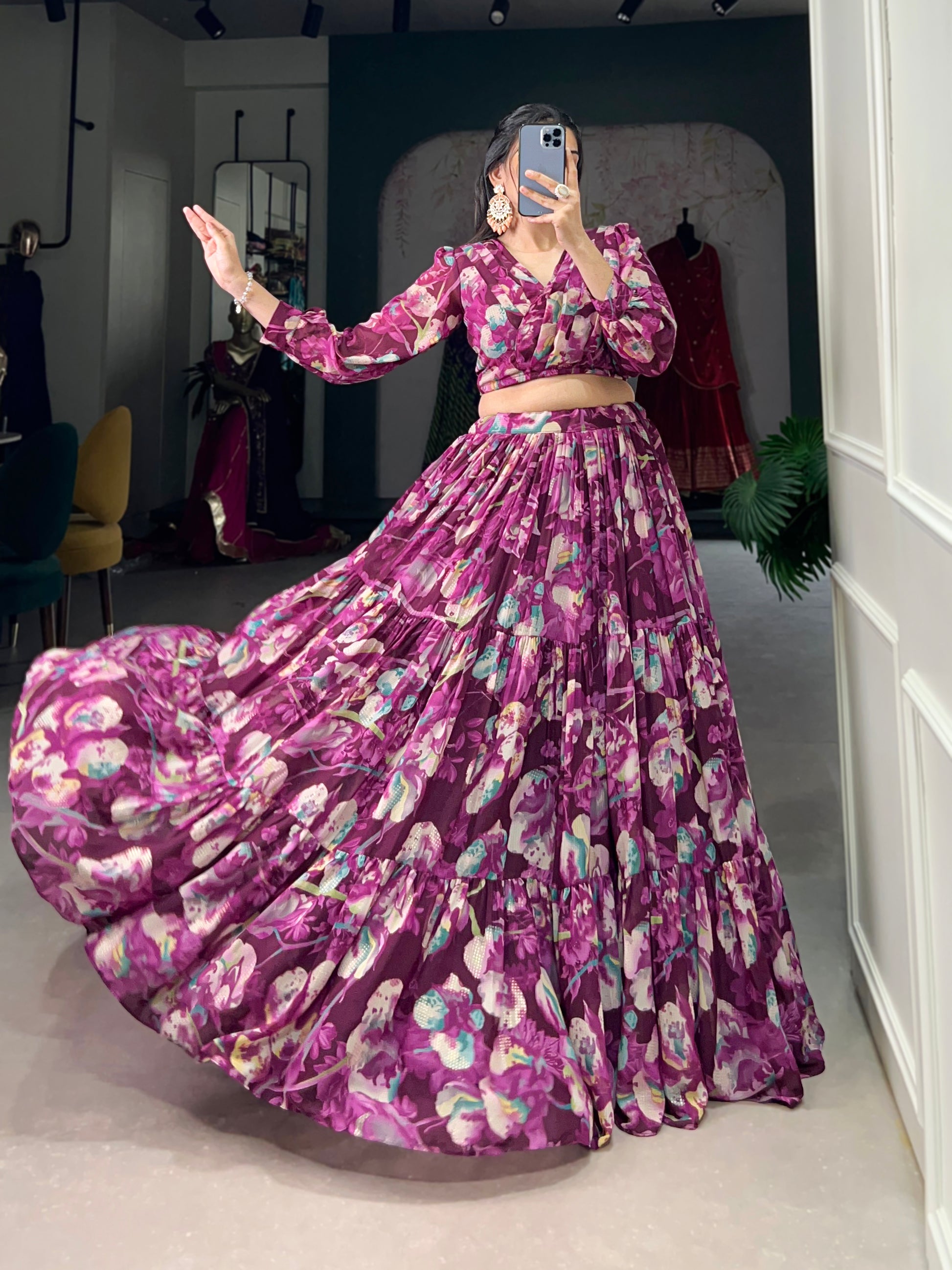 Stunning Georgette Floral Digital Printed Lehenga With Stitched Blouse - INDIAN ELEGANCE
