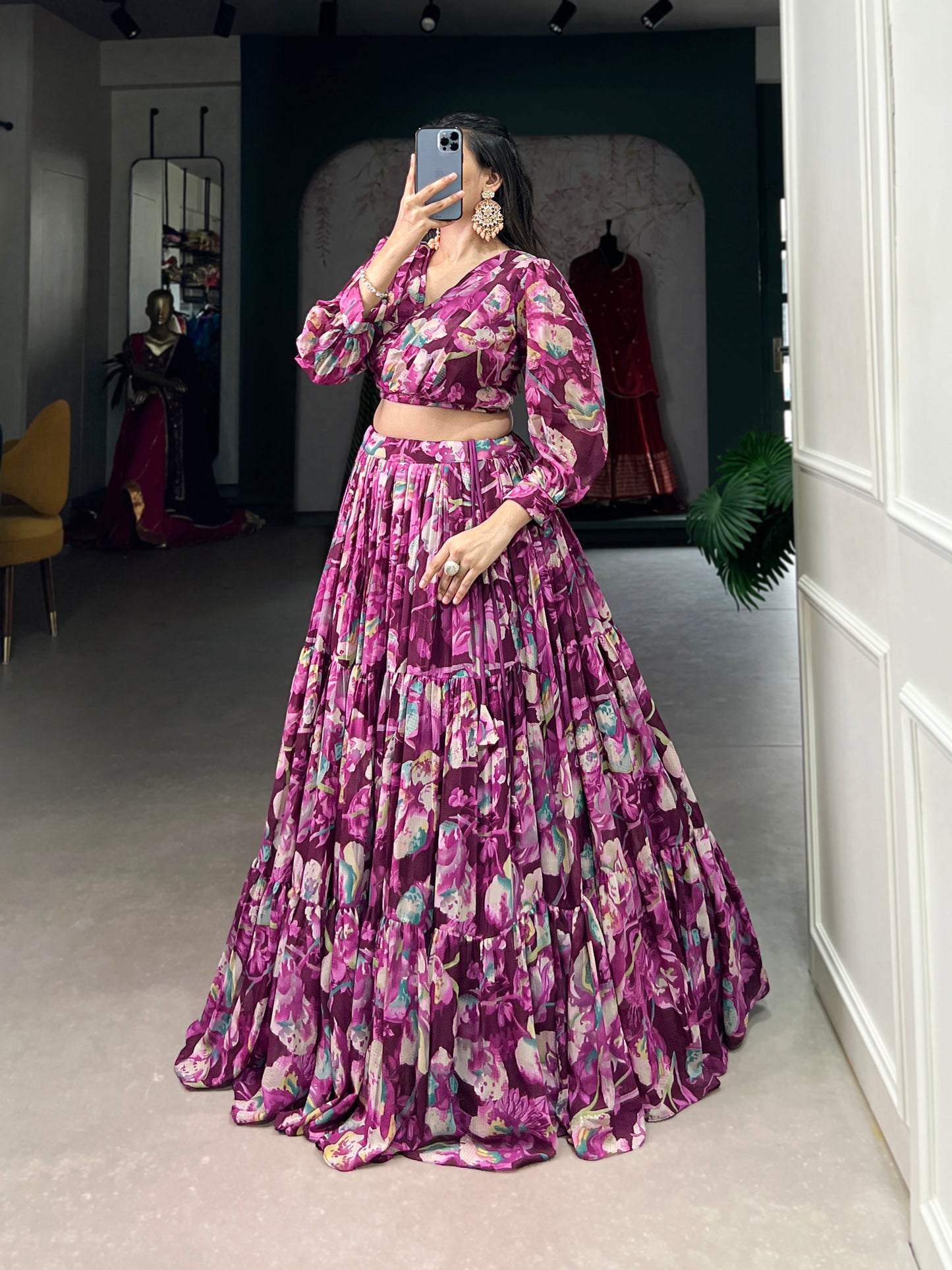 Stunning Georgette Floral Digital Printed Lehenga With Stitched Blouse - INDIAN ELEGANCE