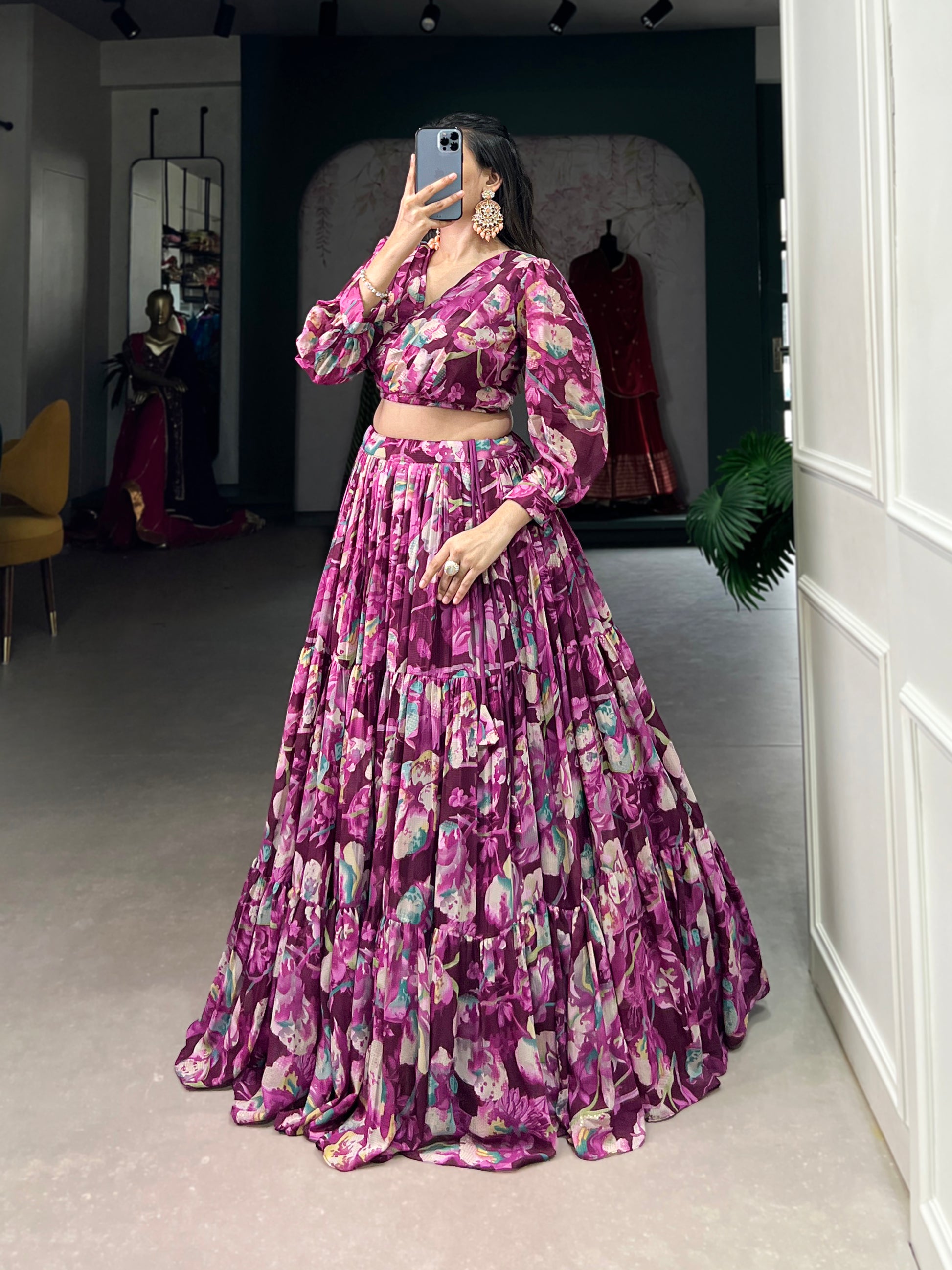 Stunning Georgette Floral Digital Printed Lehenga With Stitched Blouse - INDIAN ELEGANCE